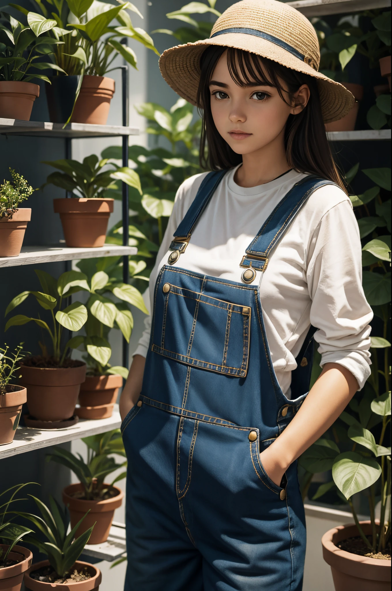 One girl, dungarees, holding a plant in a pot, 5 fingers