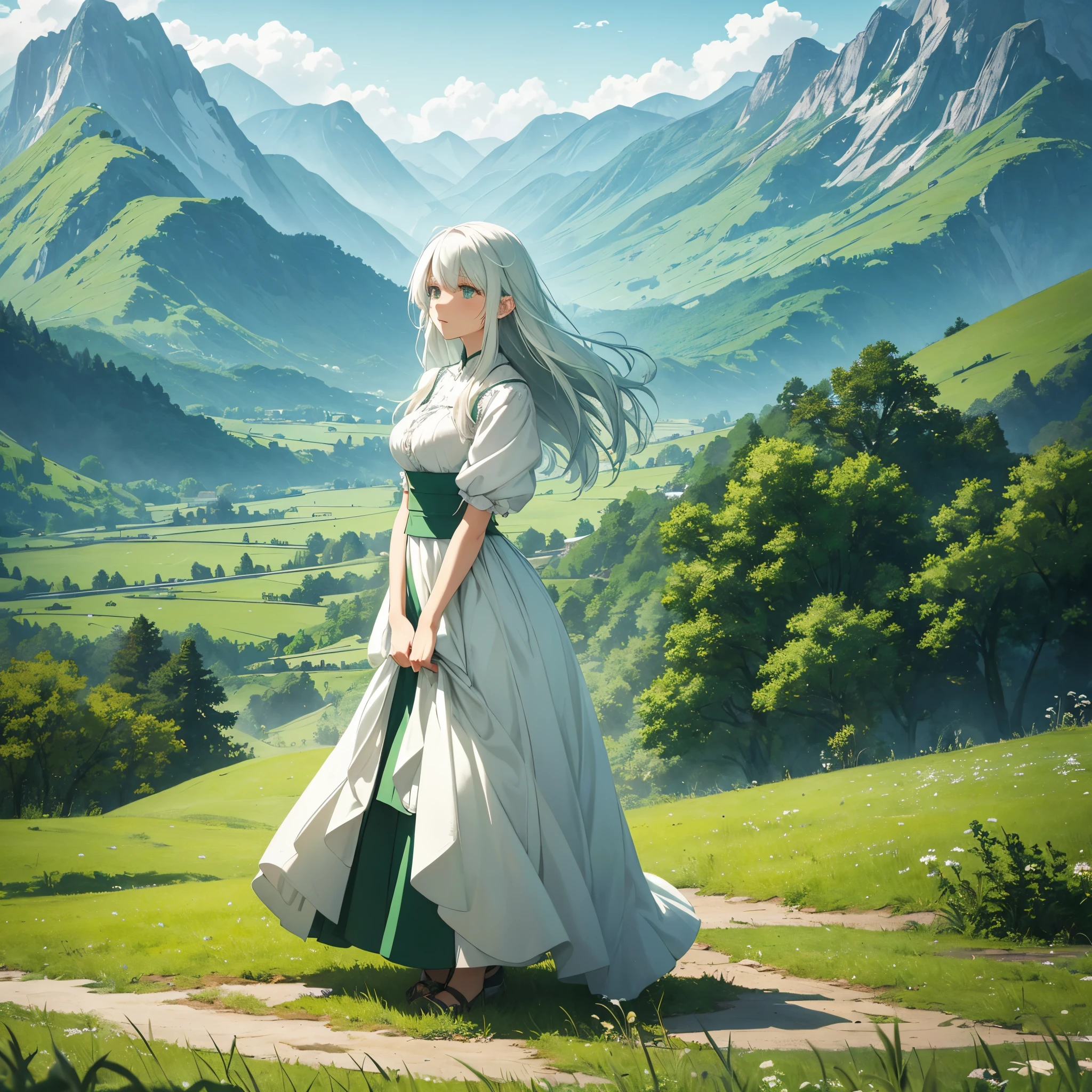 On a green meadow，A beautiful white-haired girl stands。 Broken behind her，A green forest stretches out，Mountains in the distance。 Breaking the effect that best suits this scene is the watercolor technique，to capture the softness of the grass and the fluidity of movement。