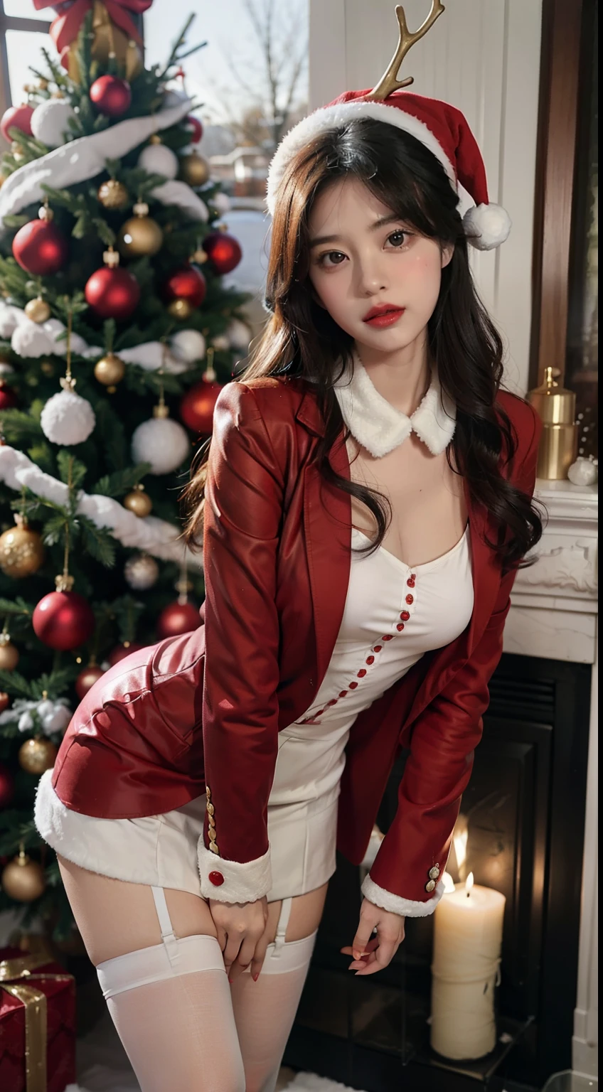 A woman in a sexy costume poses in front of a Christmas tree, breast enhancement,reality,offcial art,The 8k quality,Super Detail,Fine detail skin,Movie angle,Cinematic textures,masutepiece,The highest image quality,1 girl,Vermilion lips,hair messy,pantyshot,Underbust,1girll,Whole body,white_Stockings,Lace，Long hair,upper limbs,Lace,White stockings，wear a red velvet jacket , A girl in a red velvet jacket stands in the snow,There was a reindeer next to the girl......，There is a big Christmas tree in the snow，Christmas hat on head，Christmas tree，The girl has antlers on her head, christmas night, Christmas Dresses，Korean Girl, 4k post, a wide full shot, tohsaka-rin,