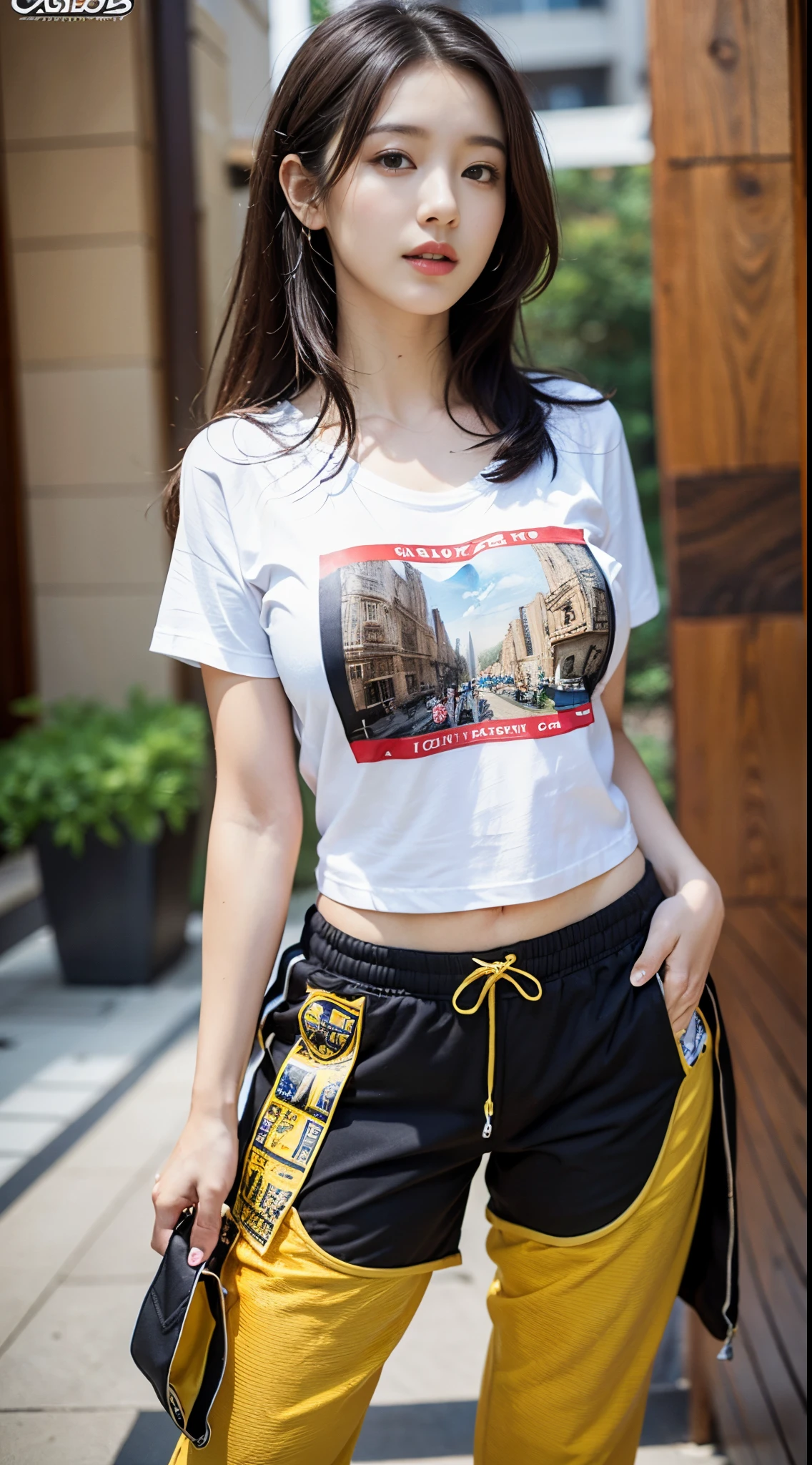 1girl, beautiful girl,(Piazza dei Miracoli background,crowd,crowd),navel, yoga pants, t-shirt