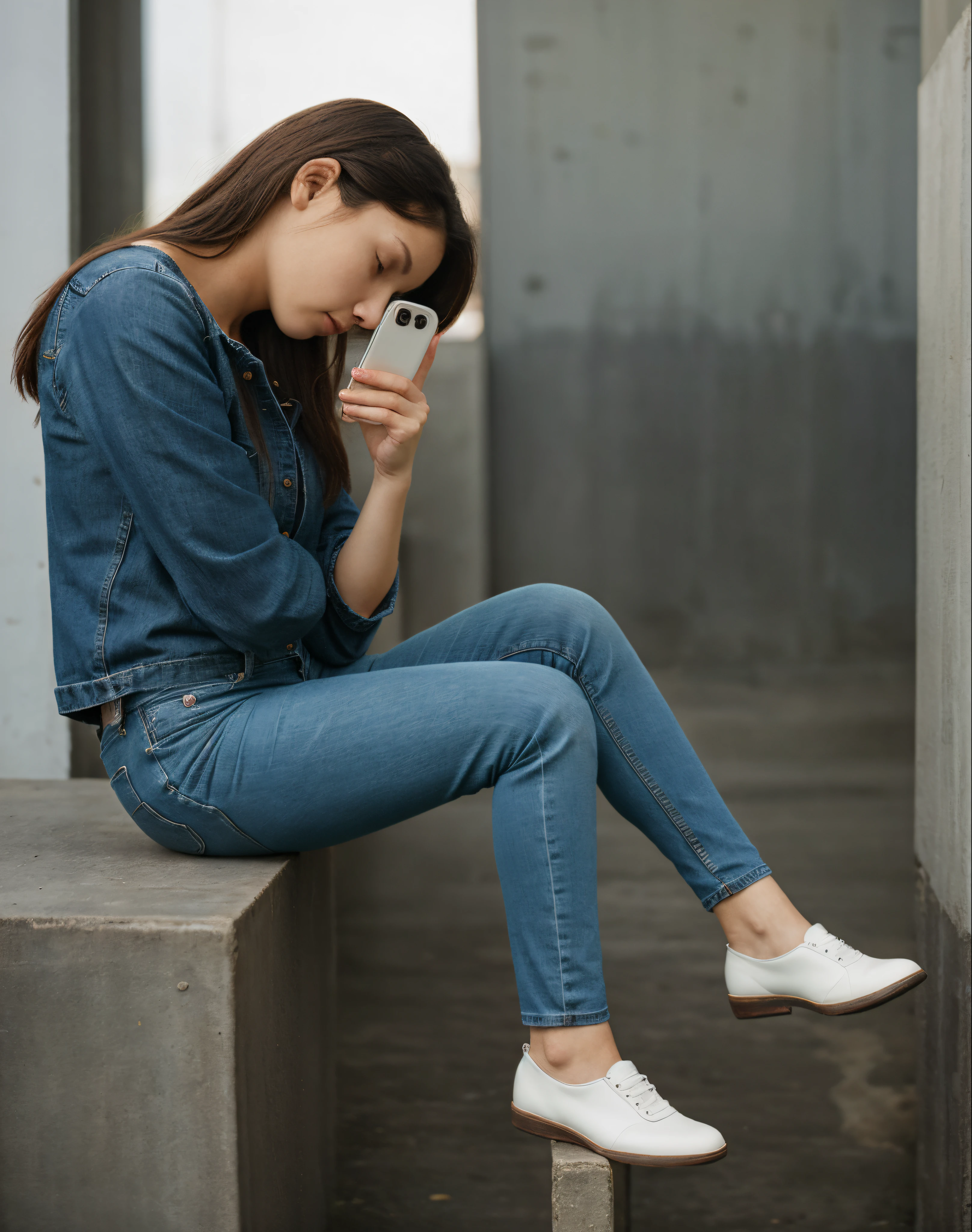 woman is sitting, checking her phone, checking her phone, women in office attire, Sit Pose, relaxed posture, (denim pant:1.3)