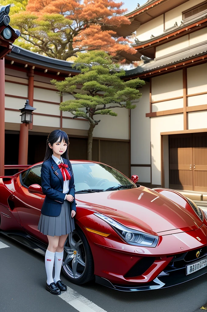 Japanese beautiful girl with uniform doing to school by red Ferrari  sportcar, sakura tree's blouson around near japanese shrine