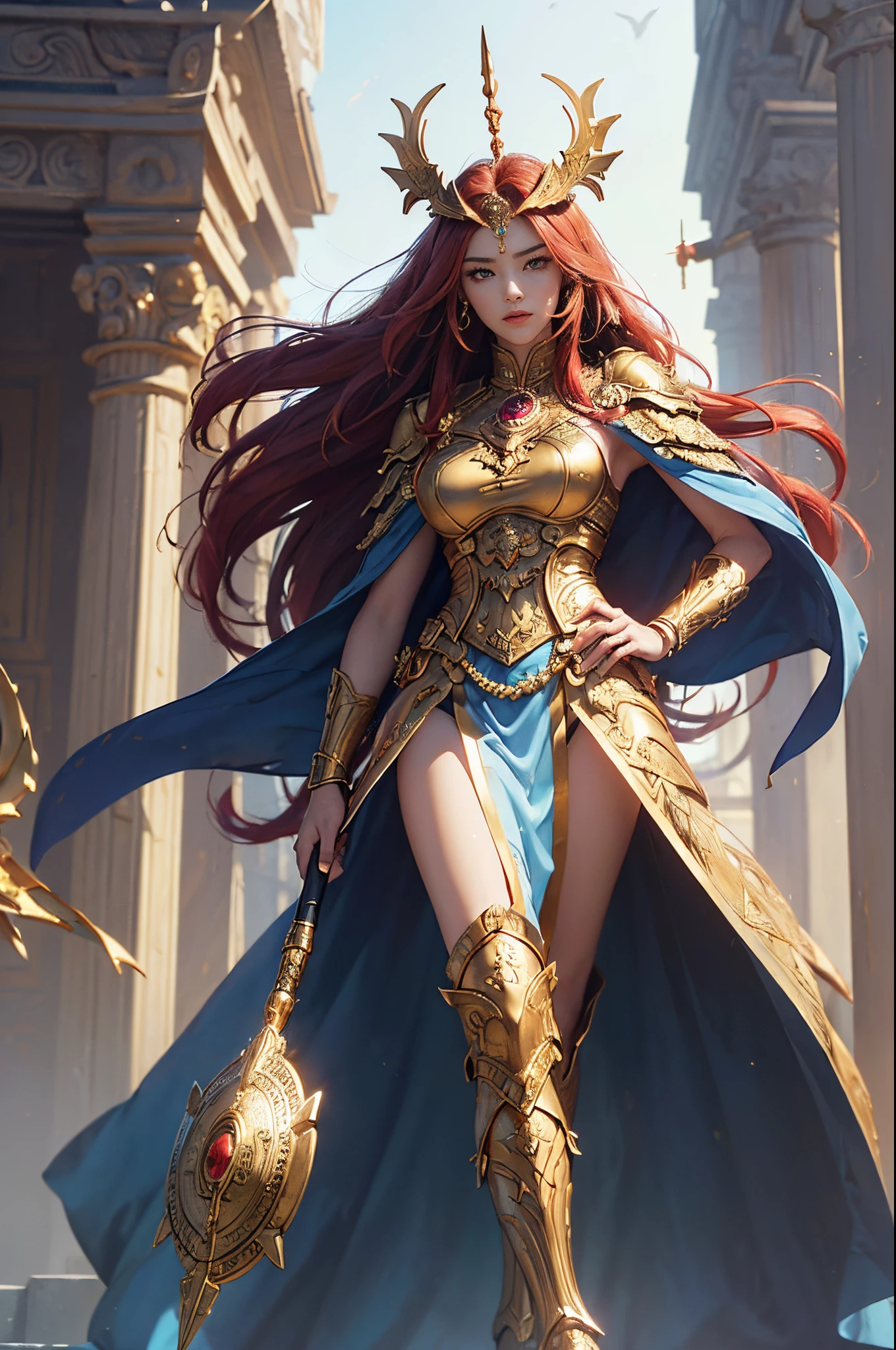 ((masterpiece)))、(((top-quality)))、((ultra-detailliert))、(A hyper-realistic)、(highly detailed CGillustration)、Official art、lion motif、Gold and red tones、Fantasia、Ancient mythology、Ancient Mesopotamia、Eventide、Sky garden、Mystical、solemnity、Majestic、Best Quality, master piece、Eventide、Ishtar, Goddess of War、battlefield commander、guardian of babylon、Increase your fighting spirit、Invincible Great General、Awe-inspiring Hall々、brave、honor of babylon、Treasure of Babylon、veteran hero、Slender eyes、matchless beauty、Rin々Right、Guardian of the Lion、refinement、noble、Proud、Wearing noble jewelry、Equip your weapons、The appearance is luxurious and golden armor、Cloak in the wind、Tall and lean、Perfect model body shape、fiery red long hair、Perfect Angle、perfect-composition、low angles、full body Esbian