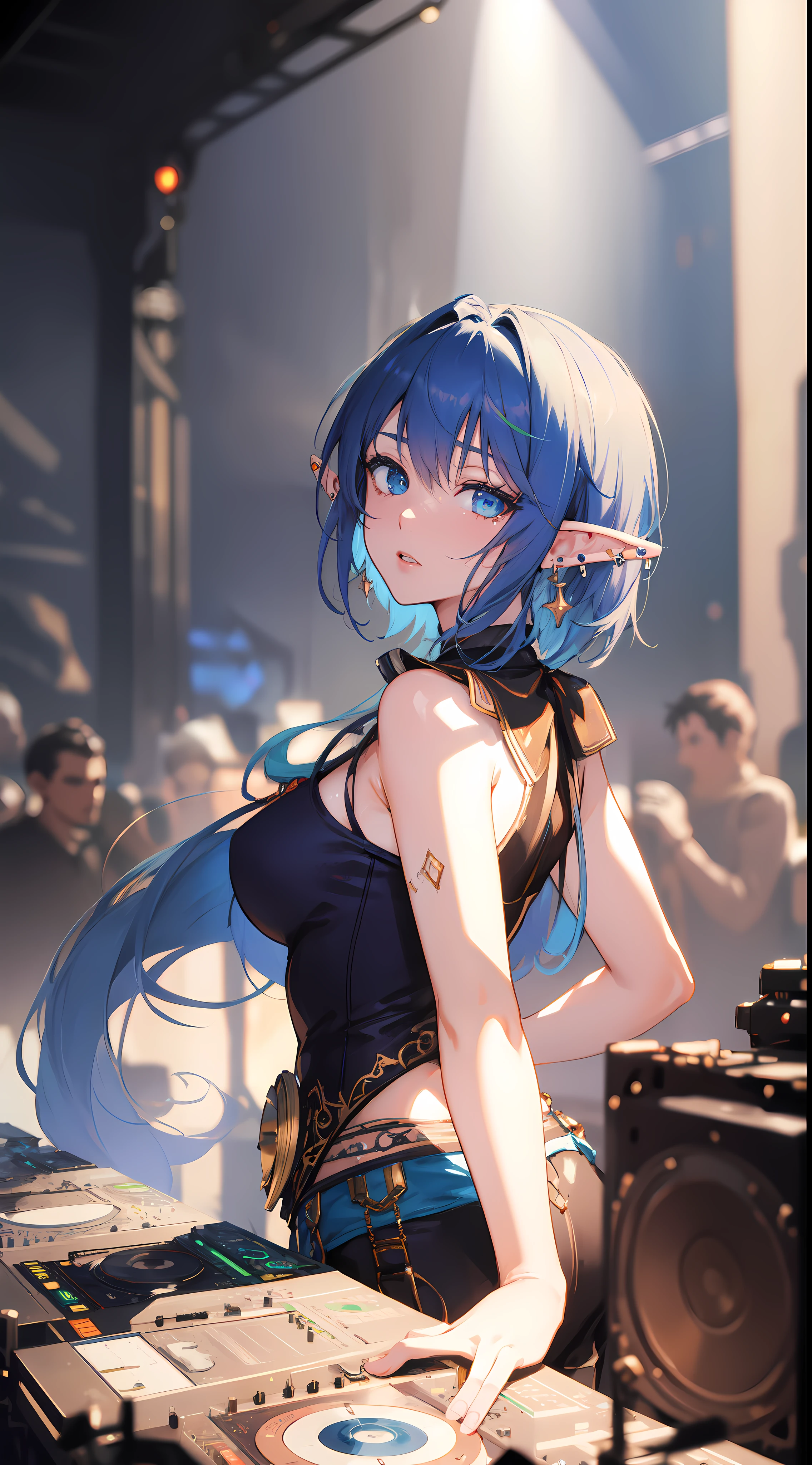 (masterpiece), (best quality), (ultra detailed), (illustration), Concept Art, Cinematic Lighting, Elf as dj player, (elf), (1girl), beautiful detailed eyes, deep blue eyes, delicate beautiful face, (shaved hair), Cargo Pants and Tank Top, Various accessories, (ear piercing), punky style, stage, (depth of field:1.2), (blurry background:1.2),  art style by Yusuke Murata, by Artgerm, by Alphonse mucha