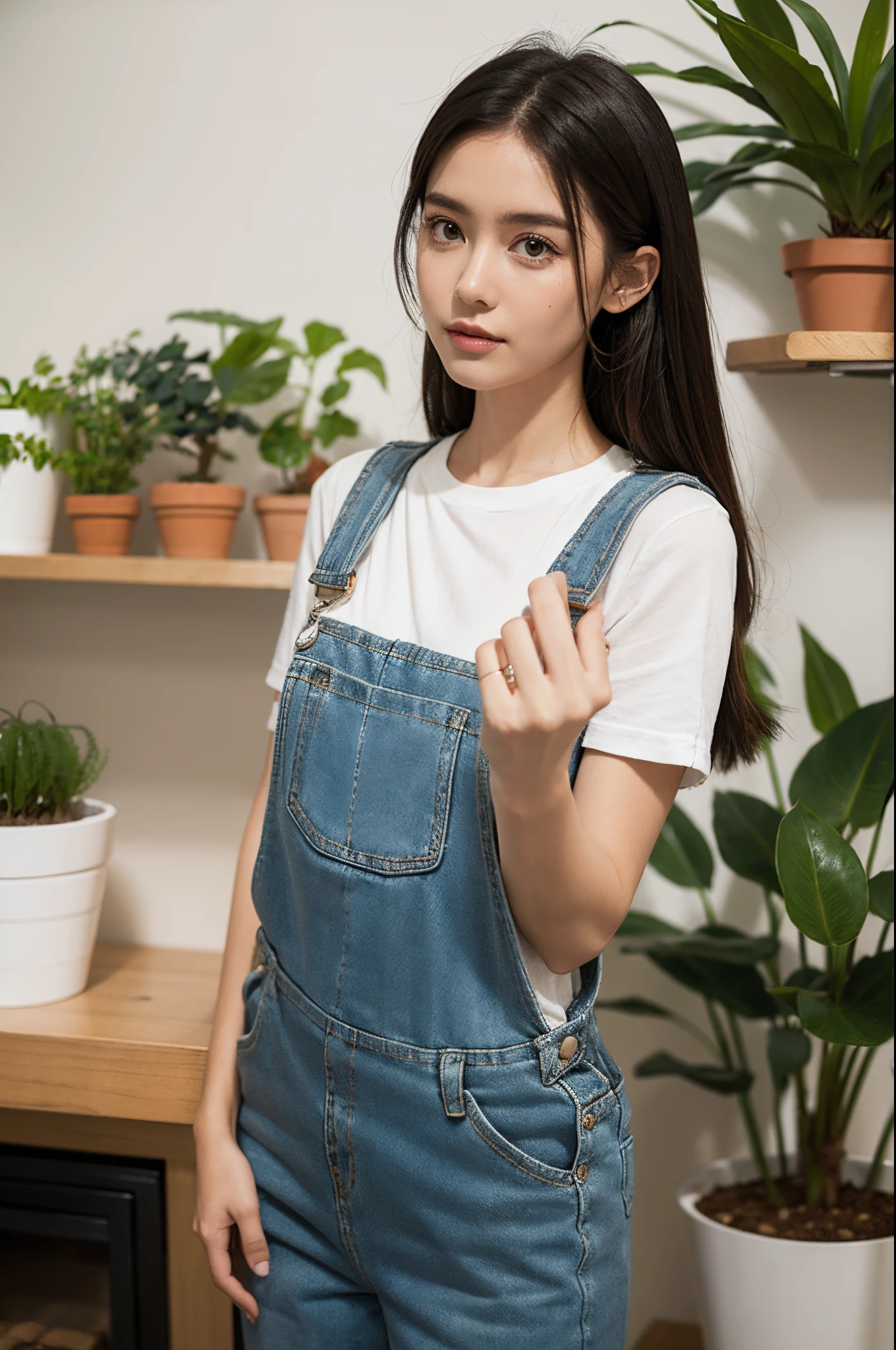 One girl, dungarees, holding a plant in a pot, 5 fingers