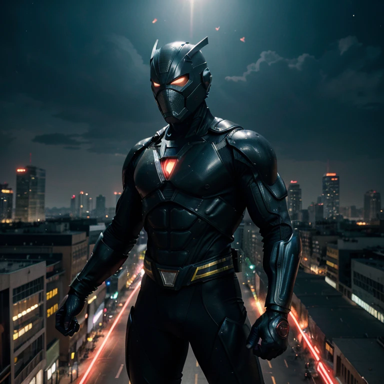 (best quality,4k,8k,highres,masterpiece:1.2),ultra-detailed,realistic,action-packed,tokusatsu,crime-fighting superhero in armored suit,alien-invasion battling scene,high-tech weaponry and gadgets,cityscape with skyscrapers and neon lights,powerful explosions and special effects,ominous dark atmosphere,gritty and intense,superhero in dynamic pose,fighting stance,emitting energy blasts,protecting innocent civilians,dramatic lighting and shadows,neon colors and vibrant palette,helicopters and police cars in pursuit,high-speed chase,razor-sharp reflexes,unyielding determination,heroic and inspiring,adrenaline-fueled fight scenes,extraordinary strength and agility,masked hero with glowing visor,depicting the hero's backstory and origin,ominous villains with monstrous appearances,menacing aura and evil intentions,showcasing the hero's moral code and sense of justice,picturesque moonlit night as backdrop,climactic showdown on top of a skyscraper,reflecting the hero's inner conflict and struggles,explosive climax with intense battle,conveying the hero's unwavering resolve,creating an iconic and memorable superhero image.