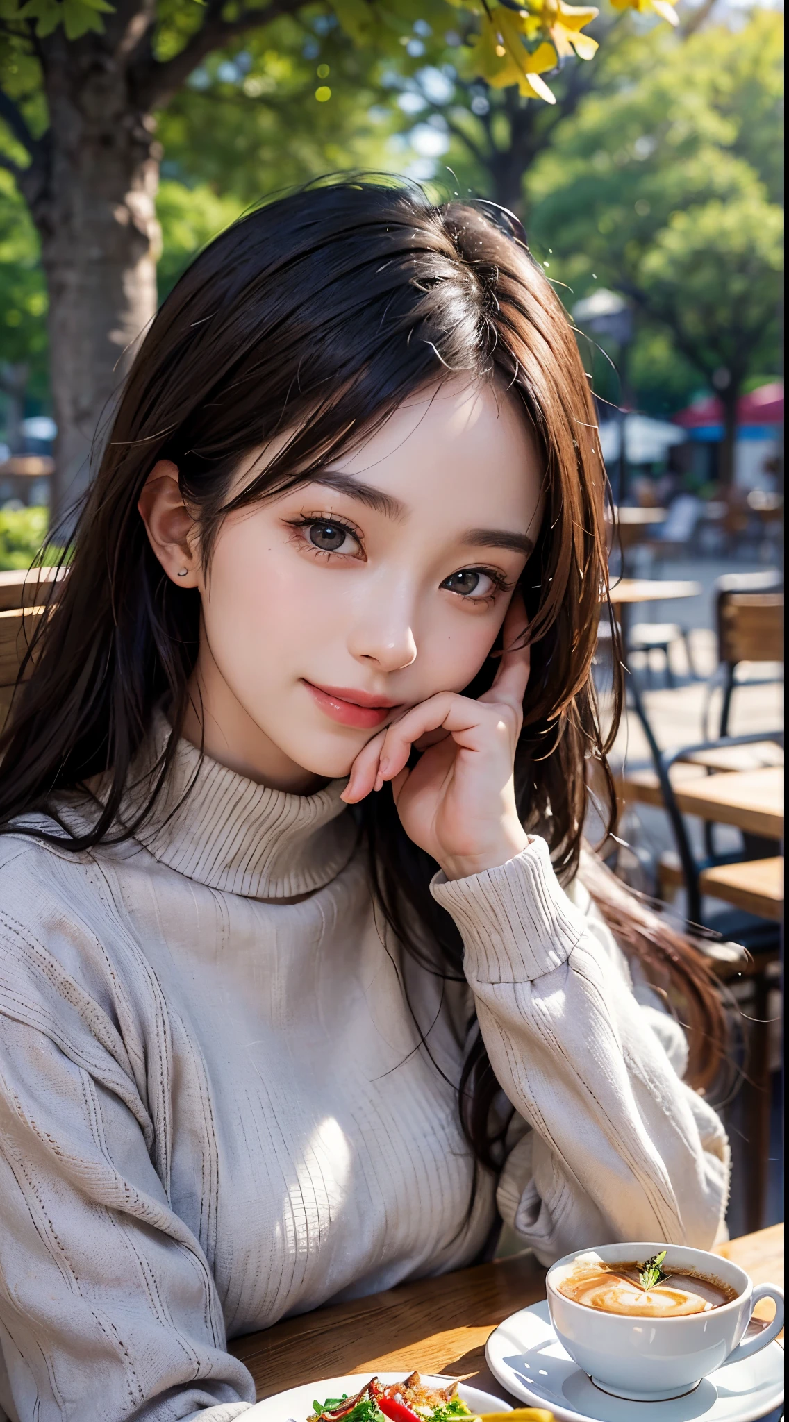 About 20 years old、1 female、tie long black hair back、Beautiful face、A detailed face、Beautiful woman with well-formed eyes and nose、slenderbody、Extraordinary beauty、((Lunch at a cafe under a ginkgo tree))、Detailed eyes、realisticeyes、no-makeup、8k picture、An ultra - realstic face、An ultra-high picture quality、A smile、Cute smile、((sitting across from each other at the table))、(high neck sweater light purple)
