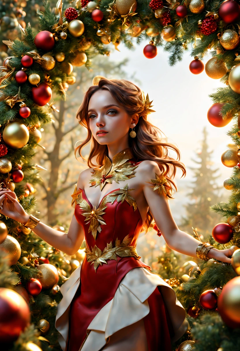 (Plant Girl:1.4), nature theme, nature, Noel red, evergreen, warm gold, creamy white, (best composition), ultra-wide-angle, octane render, enhance, intricate, (best quality, masterpiece, Representative work, official art, Professional, unity 8k wallpaper:1.3)