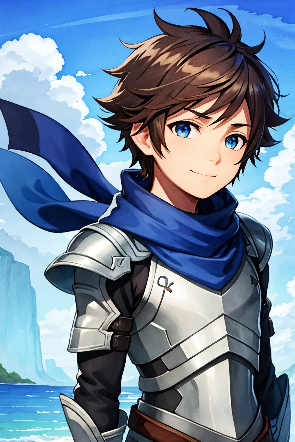 (high-quality, breathtaking),(expressive eyes, perfect face), 1boy, male, solo, armor, blue scarf, young boy, auburn hair, brown color hair , deep blue coloured eyes,( watercolor \(medium\), blue sky background, water, small smile