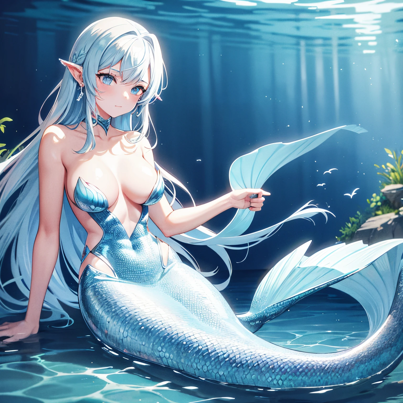 Mermaid swimming gracefully in the sea, Blue scales, The area below the shoulder is covered with fine scales., silber hair, Earlobes are fins, A scale arm covering that sticks to the skin, elegantly spread caudal fin