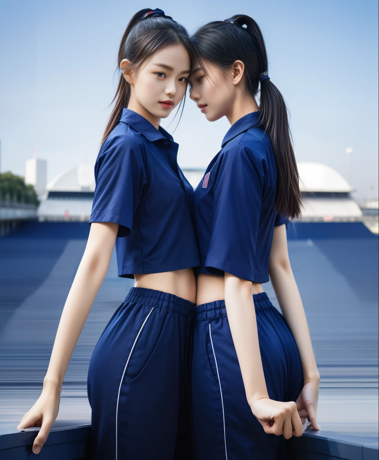 (bestquality,10,10,highres,masterpiece:1.2),ultra-detail,(Realistic,photorealistic portrait,photo-realistic:1.37),1 Cute girl in the football field,oily shiny skin,bara,light smile,BDclothes,((blue shirt:1.3)),short sleeves,shirt, trousers.,(navy_long_Pants Track:1.1), ((Stadium Background:1.3)),dynamic angle,excited,face focus,Dynamic Poses,from behide,Ass Focus,masterpiece, bestquality, ultra realistic, hyper-detail, 8k resolution, RAW photo, crisp focus, ((Navy blue shirt:1.1)), short sleeves, Long Path, Perfect body, 2 mature women, 18yo, cinematic light,Blue sweatpants,Gymware,Correct anatomy,Complete body, Correct body, sharp face, Anatomically correct body, full entire body, Realistic gestures, long-haired, Realistic poses,Wear long shorts..........................,Long leg span,Shapely,Sculpting Girl, Slender Figure, mannequin mannequins, Shapely, Beautiful body,Blue sweatpants, Two girls kissing