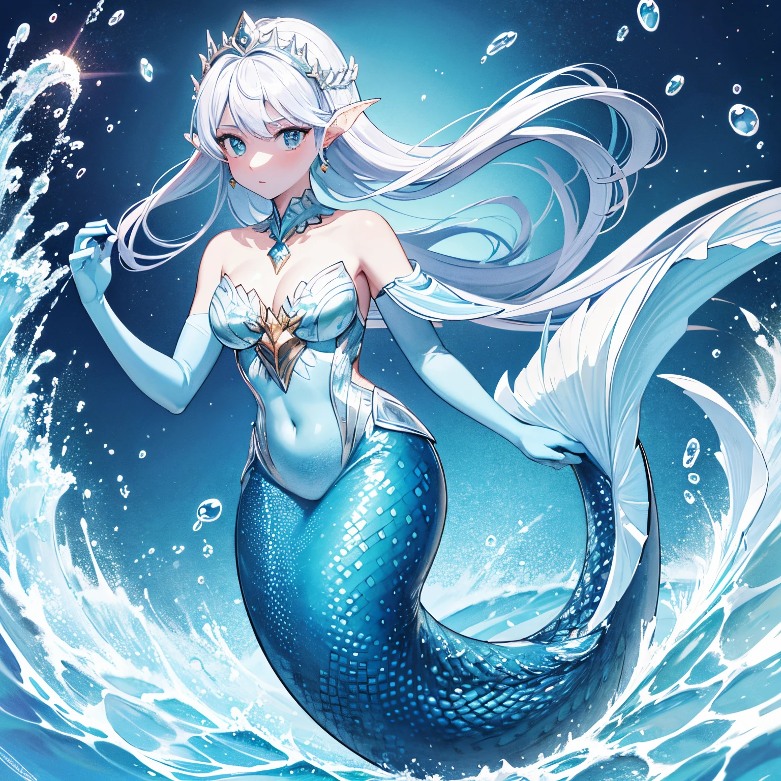 Mermaid swimming gracefully in the sea, Blue scales, The area below the shoulder is covered with fine scales., silber hair, Earlobes are fins, A scale arm covering that sticks to the skin, elegantly spread caudal fin