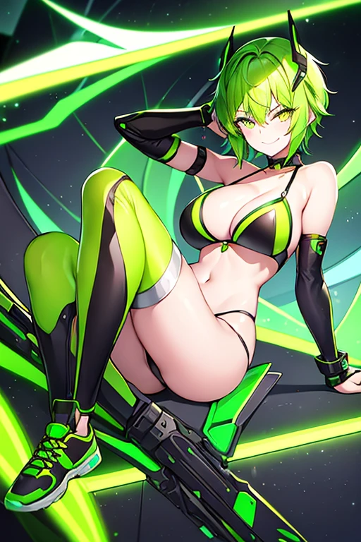 1girl, large breasts, green hair, very short hair, short hair, yellow eyes, bikini, black bikini, neon trim, green neon trim, smile, smirk, smug, futuristic, science-fiction, tech, machinery, shoes, sneakers, green neon trim, green trim, full body, black clothes