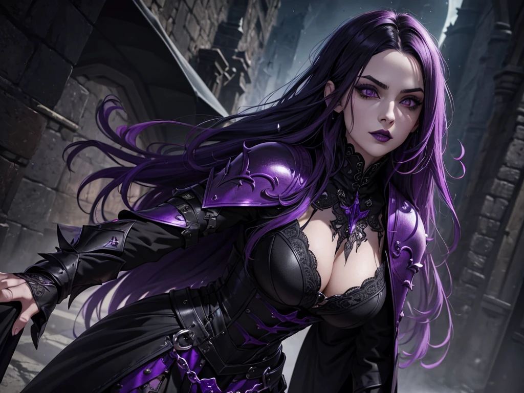 An adult vampire wizard character wearing a very detailed and beautiful gothic armor in black and purple color. Seu cabelo com corte em estilo curto, black lip color, cor roxa dos olhos;, manto, capuz, caminhando, 8k, Magnificent, Black and purple Gothic armor, capa
