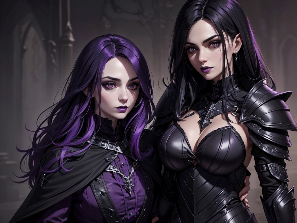 An adult vampire wizard character wearing a very detailed and beautiful gothic armor in black and purple color. Seu cabelo com corte em estilo curto, black lip color, cor roxa dos olhos;, manto, capuz, caminhando, 8k, Magnificent, Black and purple Gothic armor, capa
