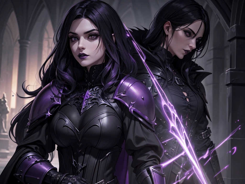 An adult vampire wizard character wearing a very detailed and beautiful gothic armor in black and purple color. Seu cabelo com corte em estilo curto, black lip color, cor roxa dos olhos;, manto, capuz, caminhando, 8k, Magnificent, Black and purple Gothic armor, capa