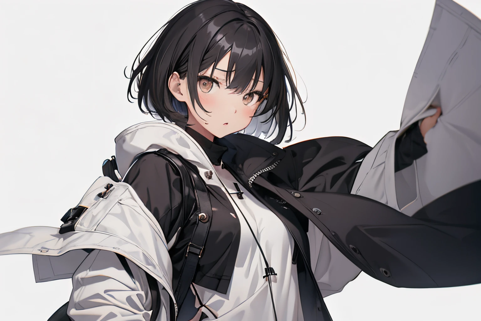 【Highest Quality, masutepiece】 [girl, Manteau, expressioness, brown eyes, front facing, Black hair, Slender beauty,straight haired, Bery short hair ,Upper body] (Gray white background:1.5), Surprised,
