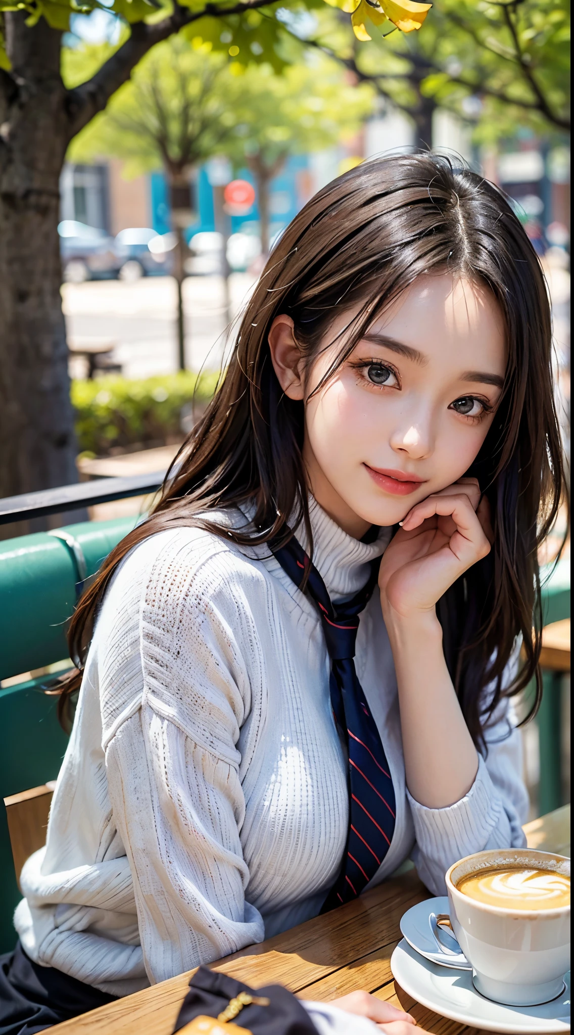 About 20 years old、1 female、tie long black hair back、Beautiful face、A detailed face、Beautiful woman with well-formed eyes and nose、slenderbody、Extraordinary beauty、((Lunch at a cafe under a ginkgo tree))、Detailed eyes、realisticeyes、no-makeup、8k picture、An ultra - realstic face、An ultra-high picture quality、A smile、Cute smile、((sitting across from each other at the table))、(high neck sweater light purple)