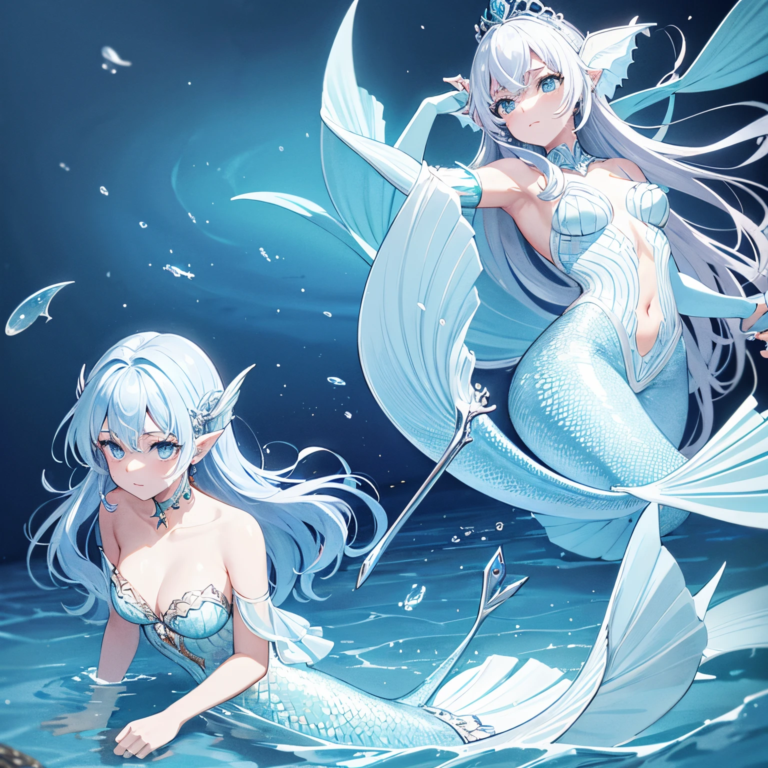 Mermaid swimming gracefully in the sea, Blue scales, The area below the shoulder is covered with fine scales., silber hair, Earlobes are fins, A scale arm covering that sticks to the skin, elegantly spread caudal fin