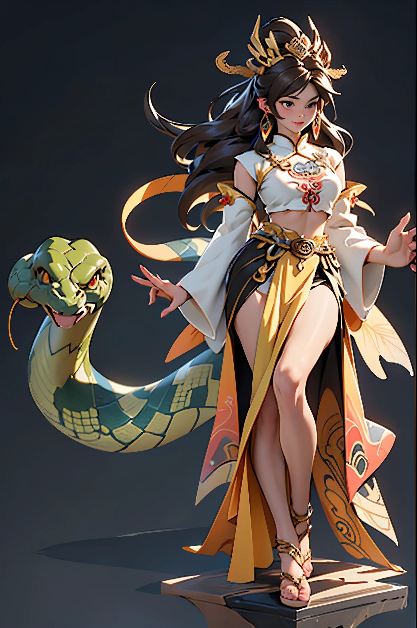 ((Sculpture design)),((full body portrait of person)),((undying)),((tmasterpiece)),(entire body image:1.6,Full body photo:1.6,From the feet to the top of the head:1.6),【Create a logo based on:1female,Nu wa(goddess with human body and snake tail:1.6),(Replace legs with snake tails:1.6),(Chinese mythology),(Goddess Fan),(gentleness),(maternal),(mature),(Perfect woman),(Long brown hair:1.4),big earrings,graceful stance,Dunhuang clothes,Dunhuang skirt,((intricate headpiece)),((symbol of god)),Great Wilderness East Meridian:0.4】,((Fluttering skirt)),(Computer graphic arts:1.4), (s fractal art: 1.3),(( Best quality at best,32K,Highest high resolution,hyper HD,)), (( Professional Quality,Perfect photography, ray traycing, perfect volumetric lighting, hight quality octane render, High quality vectors)), ((Complicated details,hyper-detailing:1.2,Intricate details:1.2)), ((Ultra photo realsisim,photorealestic,3Drenderingof)),((epic image)),(Blind box toy style:1.6),((simple backgound,deep dark background:1.2,with black background)),详细的脸, 詳細な目,Clean skin,(correct hand:1.6),(Complete and beautiful five fingers:1.6),(Anatomically correct head-to-body proportions:1.5),(Anatomically correct perspective and occlusion:1.5),(Correct anatomy:1.5),(Add a base:1.6),(complex base:1.6),((Rock base:1.4)),((Less skin exposure)),((The character is centered)),((wide angles)),