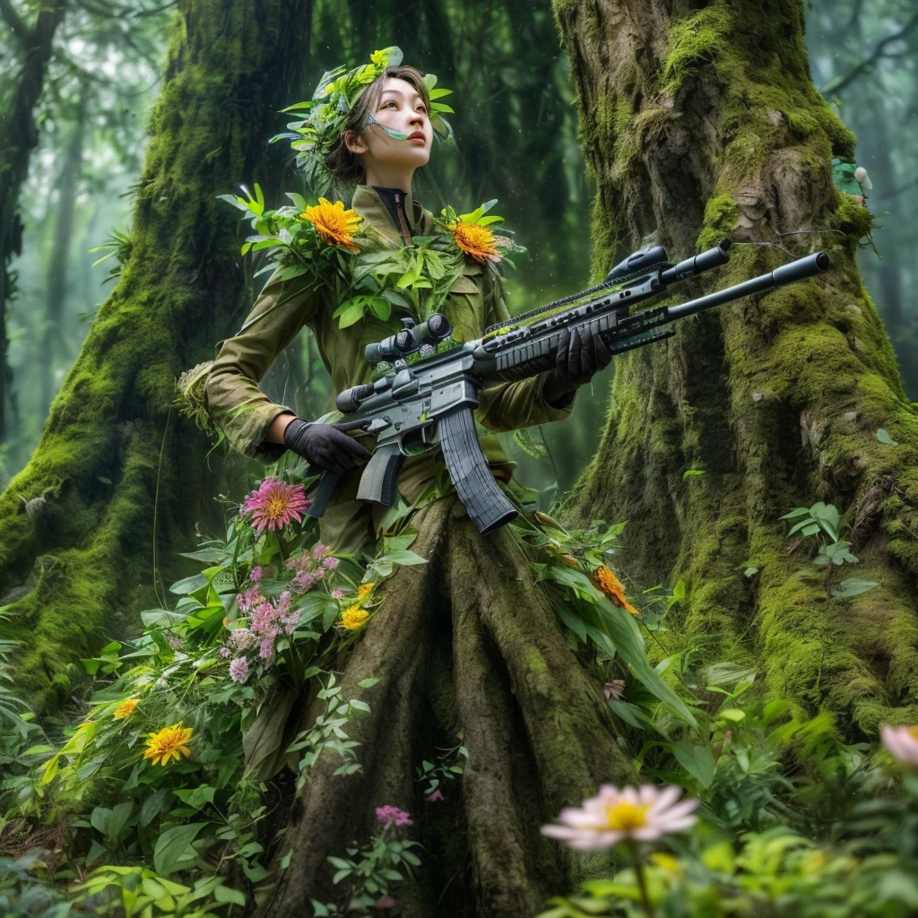 middle,(a girl made of fresh,Holding a sniper rifle made of plants and aiming at the target,Sniper rifle made from green plants,Body covered with flowers and plants,plant high heels,Plant hair,Plant clothes),blossoms,age-old tree,ln the forest,(globalillumination、Ray traching、HDR、Unrealistic rendering、Rational design、tmasterpiece、best qualtiy、hyper HD、cinmatic lighting,anatomy correct,Facial features of beautiful Korean women)