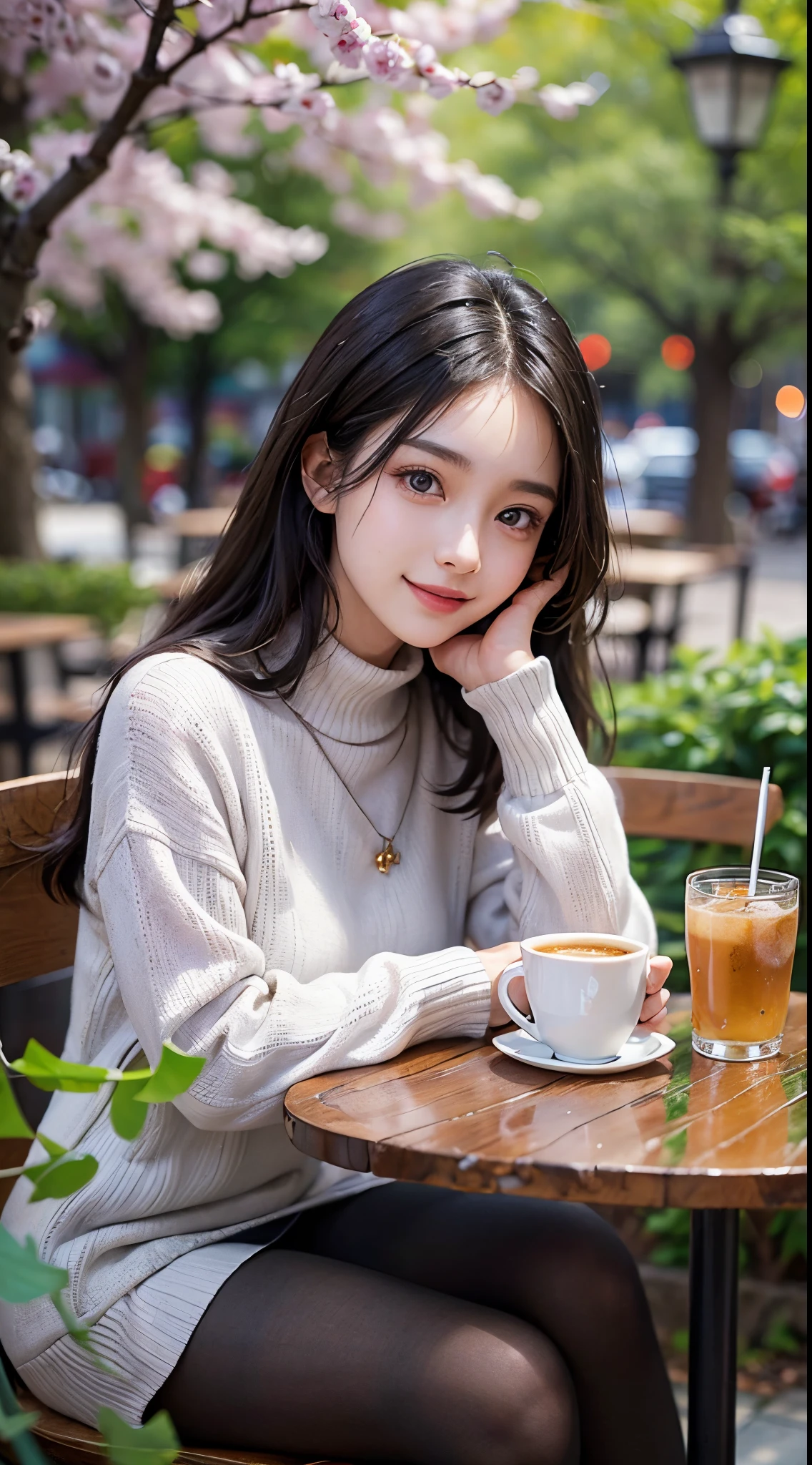 About 20 years old、1 female、tie long black hair back、Beautiful face、A detailed face、Beautiful woman with well-formed eyes and nose、slenderbody、Extraordinary beauty、((Lunch at a cafe under a ginkgo tree))、Detailed eyes、realisticeyes、no-makeup、8k picture、An ultra - realstic face、An ultra-high picture quality、A smile、Cute smile、((sitting across from each other at the table))、(high neck sweater light purple)