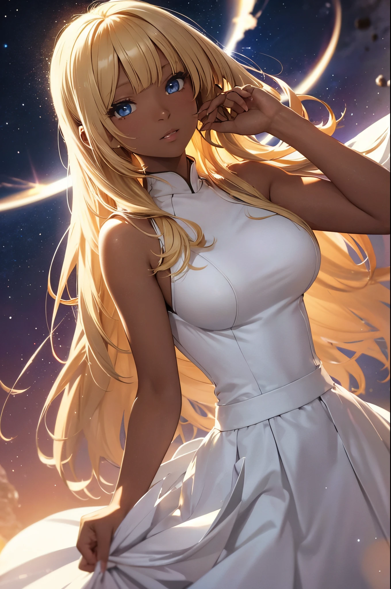 Female, Hime Cut Blonde hair, Blue eyes, dark brown skin, large breasts, wearing a formal white dress. The sun behind with a space background