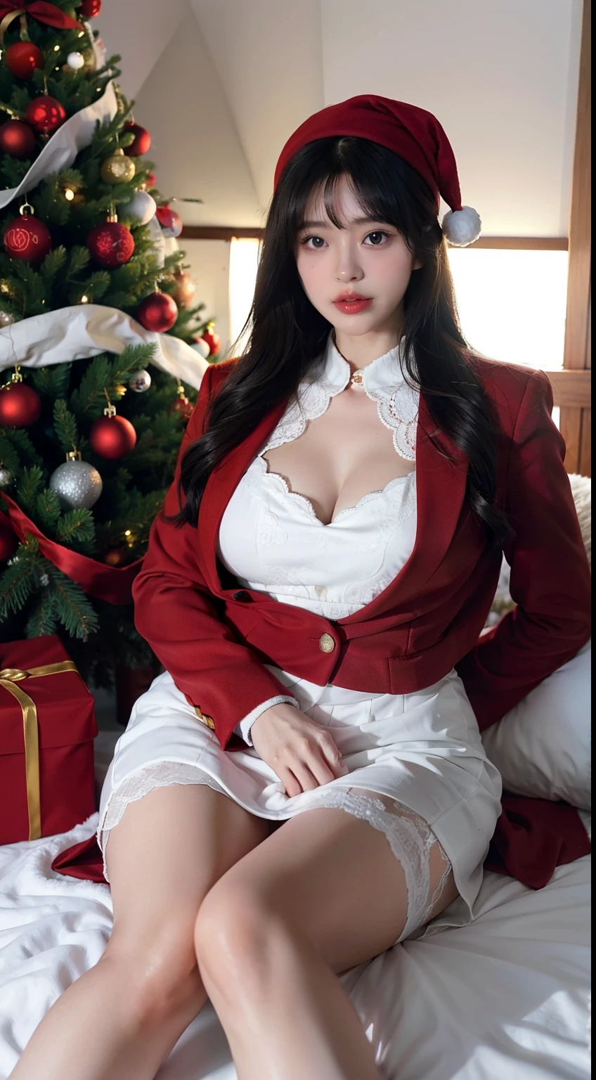 A woman in a sexy costume poses in front of a Christmas tree, breast enhancement,reality,offcial art,The 8k quality,Super Detail,Fine detail skin,Movie angle,Cinematic textures,masutepiece,The highest image quality,1 girl,Vermilion lips,hair messy,pantyshot,Underbust,1girll,Whole body,white_Stockings,Lace,Long hair,upper limbs,Lace,White stockings,wear a red velvet jacket , A girl in a red velvet jacket stands in the snow,There was a reindeer next to the girl.....,There is a big Christmas tree in the snow,Christmas hat on head,Christmas tree,The girl has antlers on her head, christmas night, Christmas Dresses,Korean Girl, 4k post, a wide full shot, tohsaka-rin,