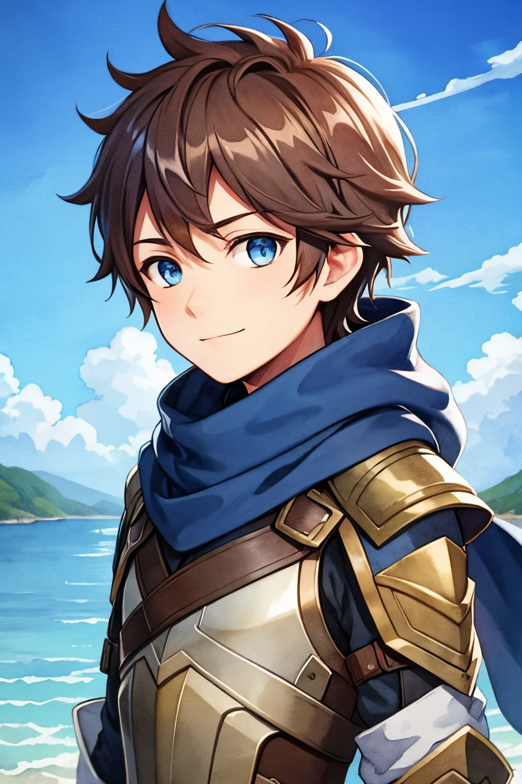 (high-quality, breathtaking),(expressive eyes, perfect face), 1boy, male, solo, armor, blue scarf, young boy, auburn hair, brown color hair , deep blue coloured eyes,( watercolor \(medium\), blue sky background, water, small smile