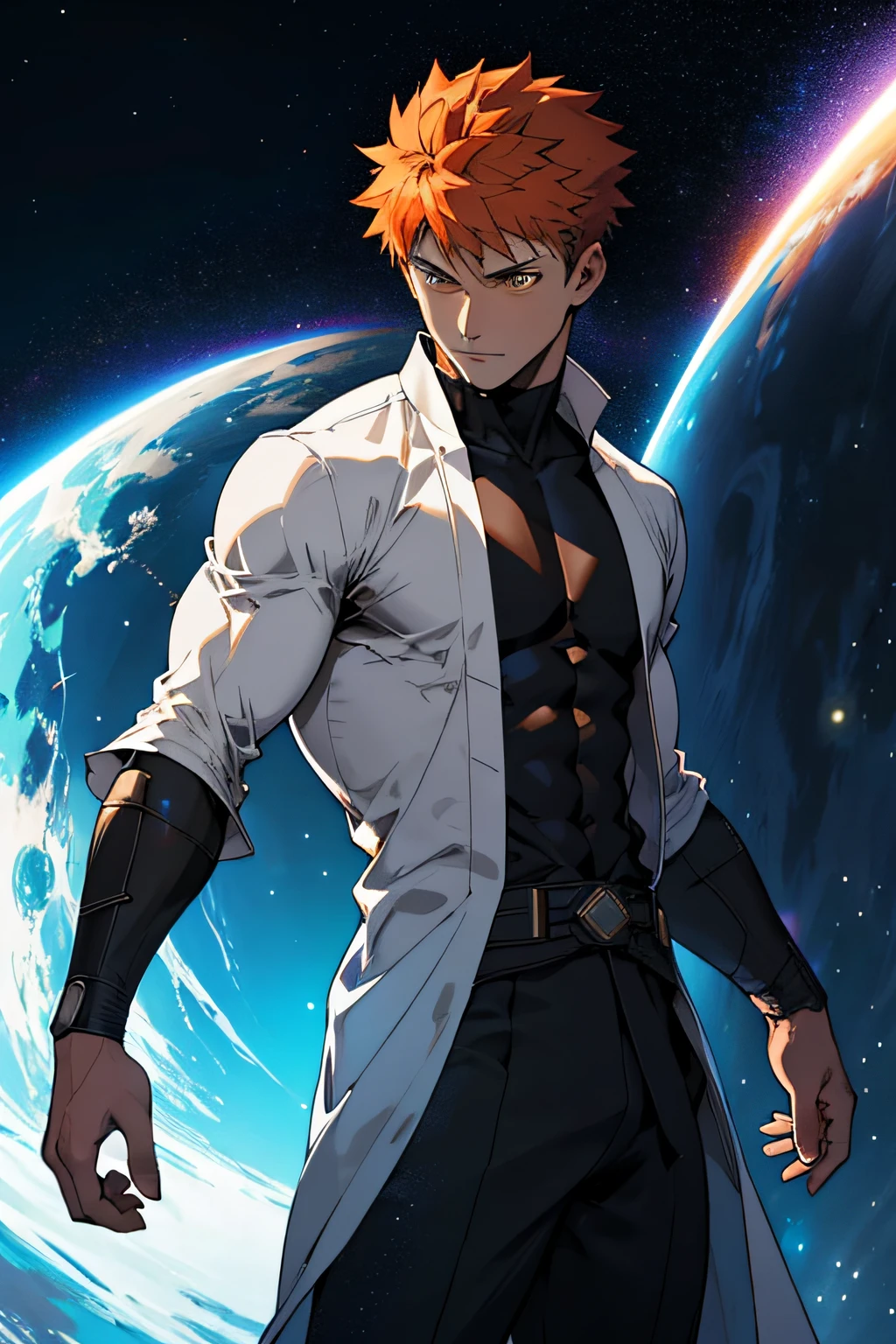 JEDI ROBE. Obra maestra, ojos dorados de la mejor calidad, Juego CG, 1 child, solo, Enfoque masculino, Mirando al espectador, Parte superior del cuerpo, ((piel clara)), Adolescente guapo, Shirou Emiya, Pelo largo de color naranja oscuro, piel clara, ojos amarillos apretados, dark brown fitted shirt, (Camisa abierta) Aesthetic body, (Cuerpo en forma de V) toned muscles, Pecs, 8 ABS, piernas tonificadas, ligeramente abultado, Noche, estrellas luna, Nebulosas, Ciudad espacial, JEDI ROBE, Ciudad espacial