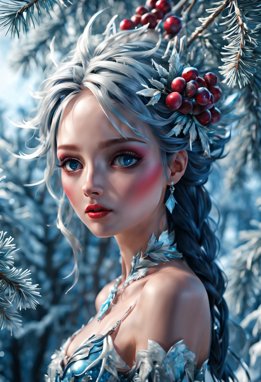 (Plant Girl:1.4), nature theme, nature,Icicle blue, frosted cranberry, silver pine, ivory, (best composition), ultra-wide-angle, octane render, enhance, intricate, (best quality, masterpiece, Representative work, official art, Professional, unity 8k wallpaper:1.3)
