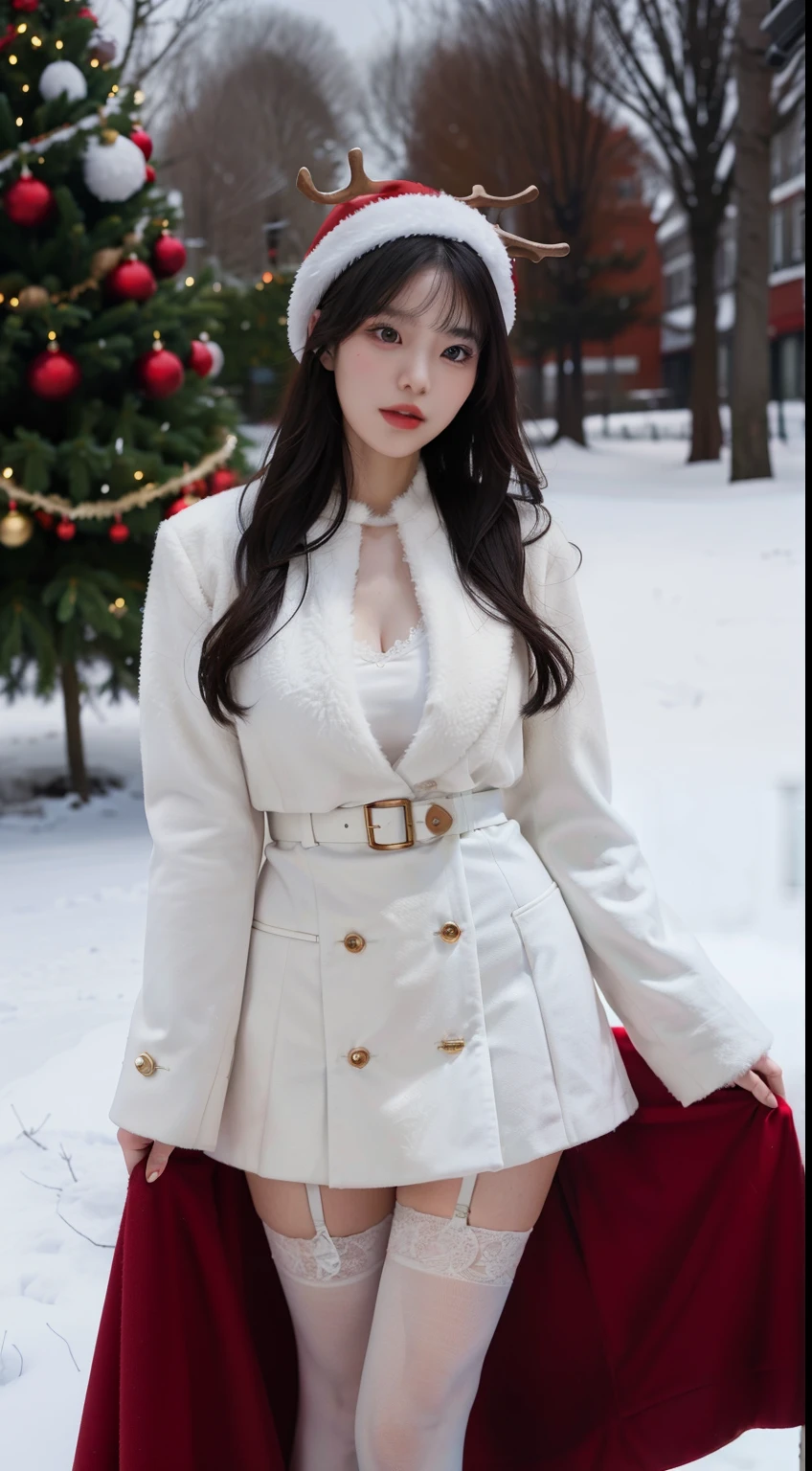 A woman in sexy costume poses in front of a Christmas tree, breast enhancement,reality,offcial art,8K quality,Super detail,fine detail skin,Movie Angle,cinematic textures,Movie lighting,Masterpiece,Best picture quality,Backlight,1 girl,Zhu lips,Messy hair,showing panties,pantyshot,underbust,1girll,Whole body,White_Stockings,Lace,Long hair,upper legs,Lace,Wearing a red velvet silk coat , A girl in a red velvet underwear standing in the snow,Girl standing on snow,Christmas hat on the head,Christmas tree,The girl has antlers on her head, Christmas evening, christmas dress,Korean girl, very sexy outfit, 4 k post, 4k post, a wide full shot, tohsaka-rin,
