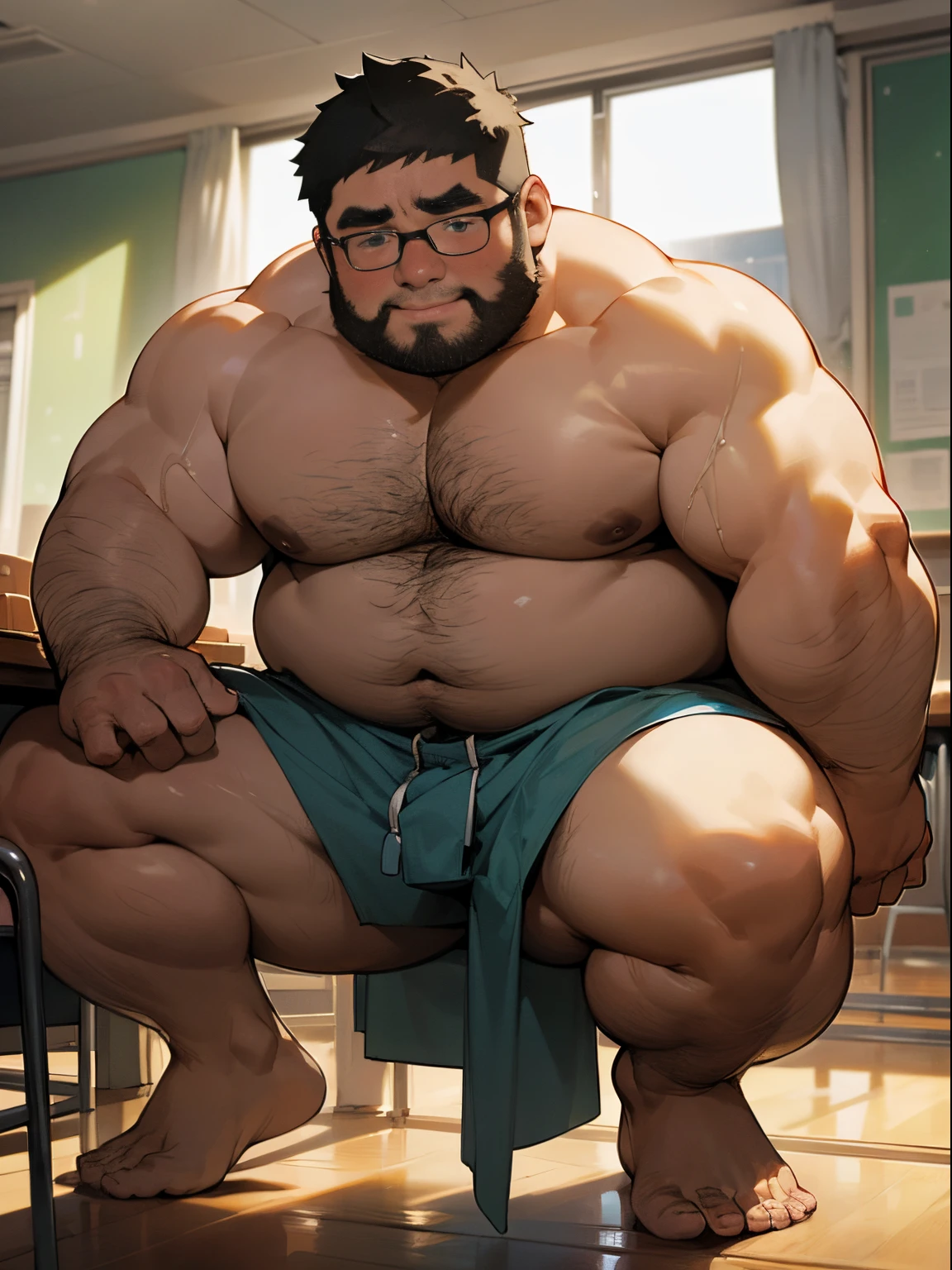 masterpiece,top-quality, 8k, Classroom, fat uncle is squatting and spread legs naked, geezer, Short legs, bowleg, shirtless, bare legs, wearing a only white fitted briefs, sobbing, Fat Man, glasses, Black-haired man, Man with big face, Round face, Sweating