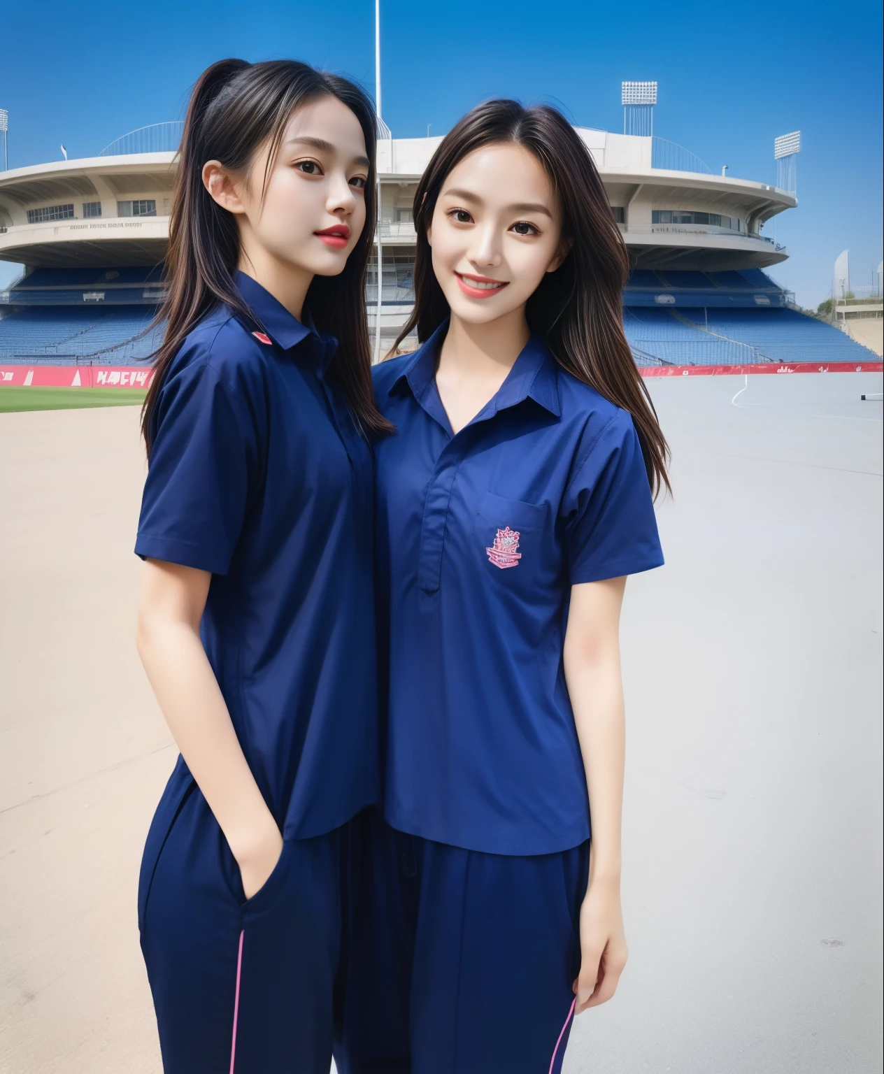 (bestquality,10,10,highres,masterpiece:1.2),ultra-detail,(Realistic,photorealistic portrait,photo-realistic:1.37),1 Cute girl in the football field,oily shiny skin,bara,light smile,BDclothes,((blue shirt:1.3)),short sleeves,shirt, trousers.,(navy_long_Pants Track:1.1), ((Stadium Background:1.3)),dynamic angle,excited,face focus,Dynamic Poses,from behide,Ass Focus,masterpiece, bestquality, ultra realistic, hyper-detail, 8k resolution, RAW photo, crisp focus, ((Navy blue shirt:1.1)), short sleeves, Long Path, Perfect body, 2 mature women, 18yo, cinematic light,Blue sweatpants,Gymware,Correct anatomy,Complete body, Correct body, sharp face, Anatomically correct body, full entire body, Realistic gestures, long-haired, Realistic poses,Wear long shorts..........................,Long leg span,Shapely,Sculpting Girl, Slender Figure, mannequin mannequins, Shapely, Beautiful body,Blue sweatpants, Two girls kissing