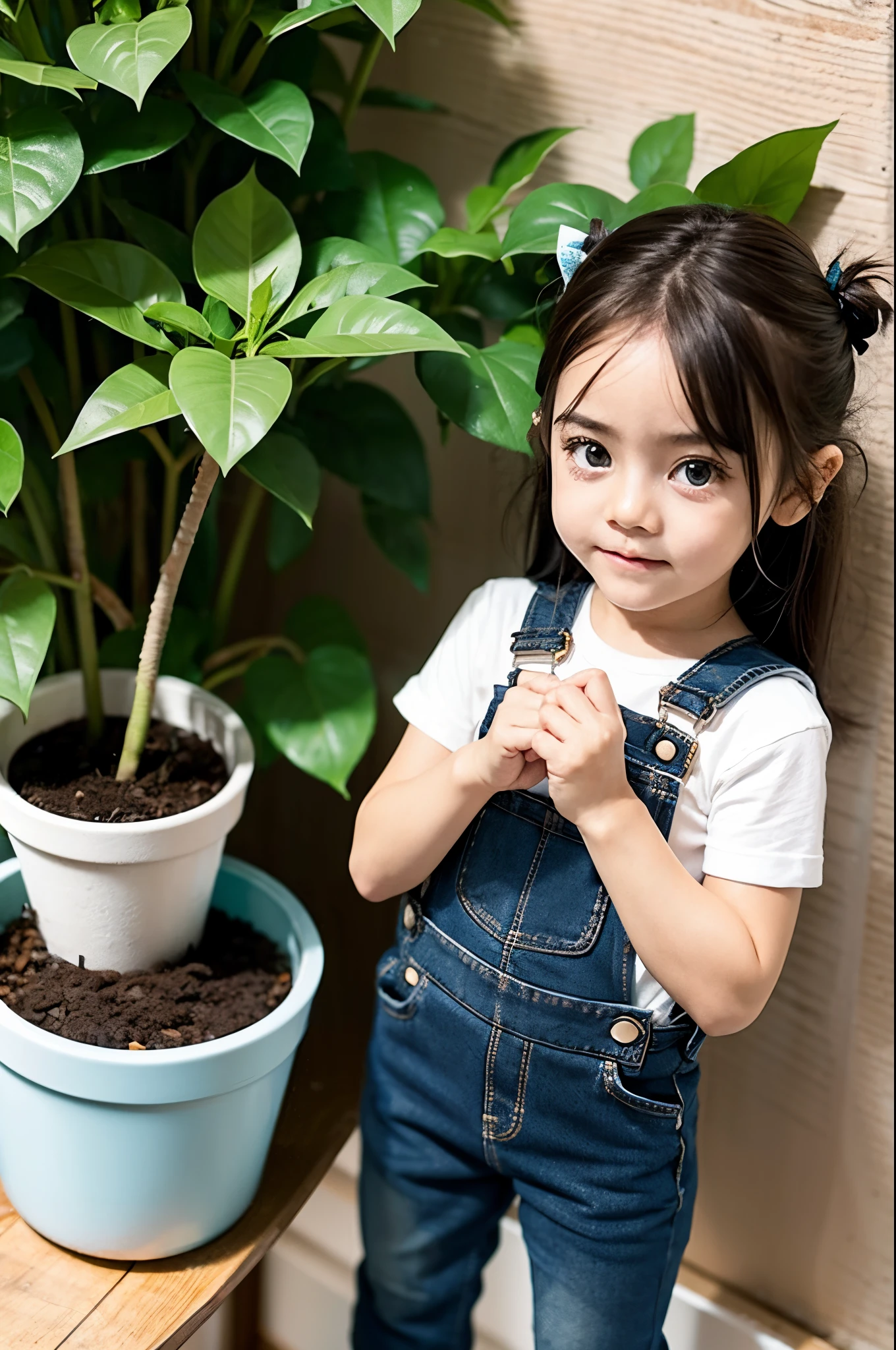 One girl, solo，2 years old，dungarees, holding a plant in a pot, 5 fingers