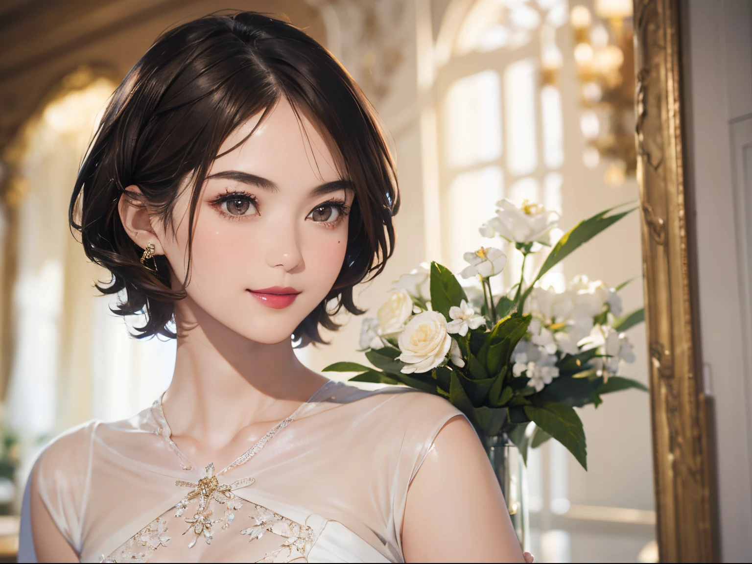 123
(a 20 yo woman,is standing), (A hyper-realistic), (high-level image quality), ((beautiful hairstyle 46)), ((short-hair:1.46)), (Gentle smile), (breasted:1.1), (lipsticks), (florals), (Luxurious room), (Depth of field is deep), (Modern)