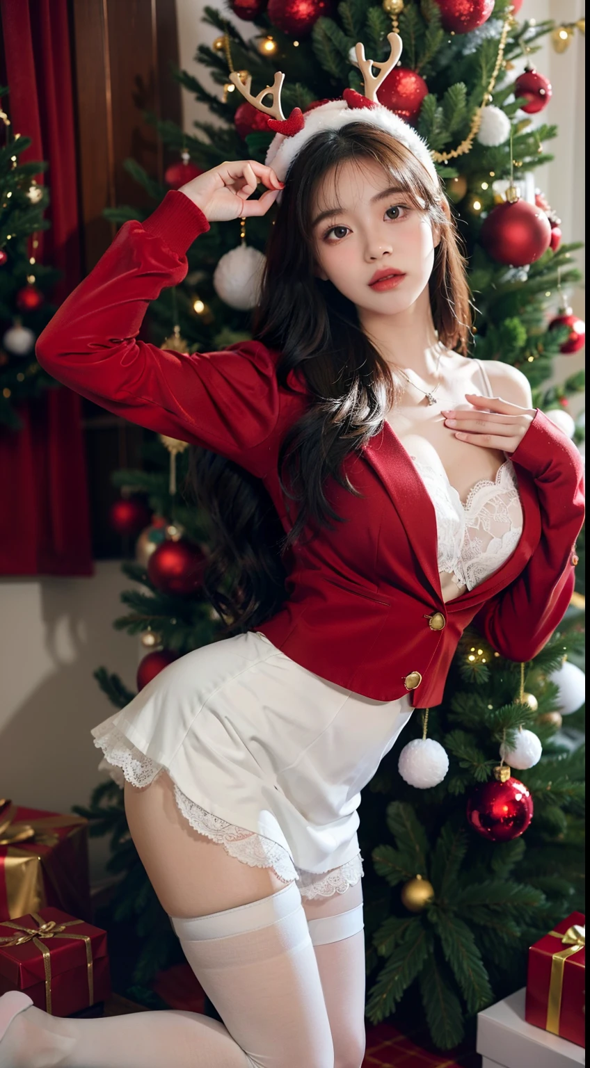 A woman in a sexy costume poses in front of a Christmas tree, breast enhancement,reality,offcial art,The 8k quality,Super Detail,Fine detail skin,Movie angle,Cinematic textures,masutepiece,The highest image quality,1 girl,Vermilion lips,hair messy,pantyshot,Underbust,1girll,Whole body,white_Stockings,Lace，Long hair,upper limbs,Lace,White stockings，wear a red velvet jacket , A girl in a red velvet jacket stands in the snow,There was a reindeer next to the girl.......，There is a big Christmas tree in the snow，Christmas hat on head，Christmas tree，The girl has antlers on her head, christmas night, Christmas Dresses，Korean Girl, 4k post, a wide full shot, tohsaka-rin,