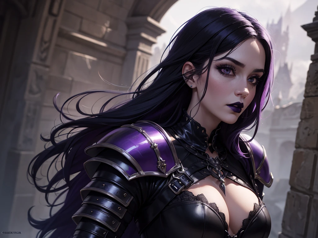 An adult vampire wizard character wearing a very detailed and beautiful gothic armor in black and purple color. Seu cabelo com corte em estilo curto, black lip color, cor roxa dos olhos;, manto, capuz, caminhando, 8k, Magnificent, Black and purple Gothic armor, capa