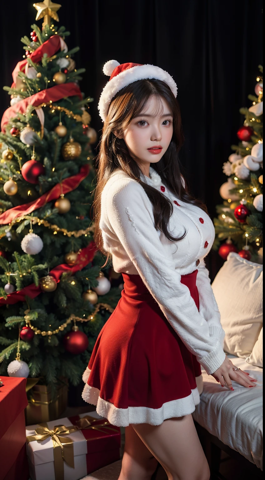 A woman in a sexy costume poses in front of a Christmas tree, breast enhancement,reality,offcial art,The 8k quality,Super Detail,Fine detail skin,Movie angle,Cinematic textures,masutepiece,The highest image quality,1 girl,Vermilion lips,hair messy,pantyshot,Underbust,1girll,Whole body,white_Stockings,Lace,Long hair,upper limbs,Lace,White stockings,wear a red velvet jacket , A girl in a red velvet jacket stands in the snow,There was a reindeer next to the girl.......,There is a big Christmas tree in the snow,Christmas hat on head,Christmas tree,The girl has antlers on her head, christmas night, Christmas Dresses,Korean Girl, 4k post, a wide full shot, tohsaka-rin,