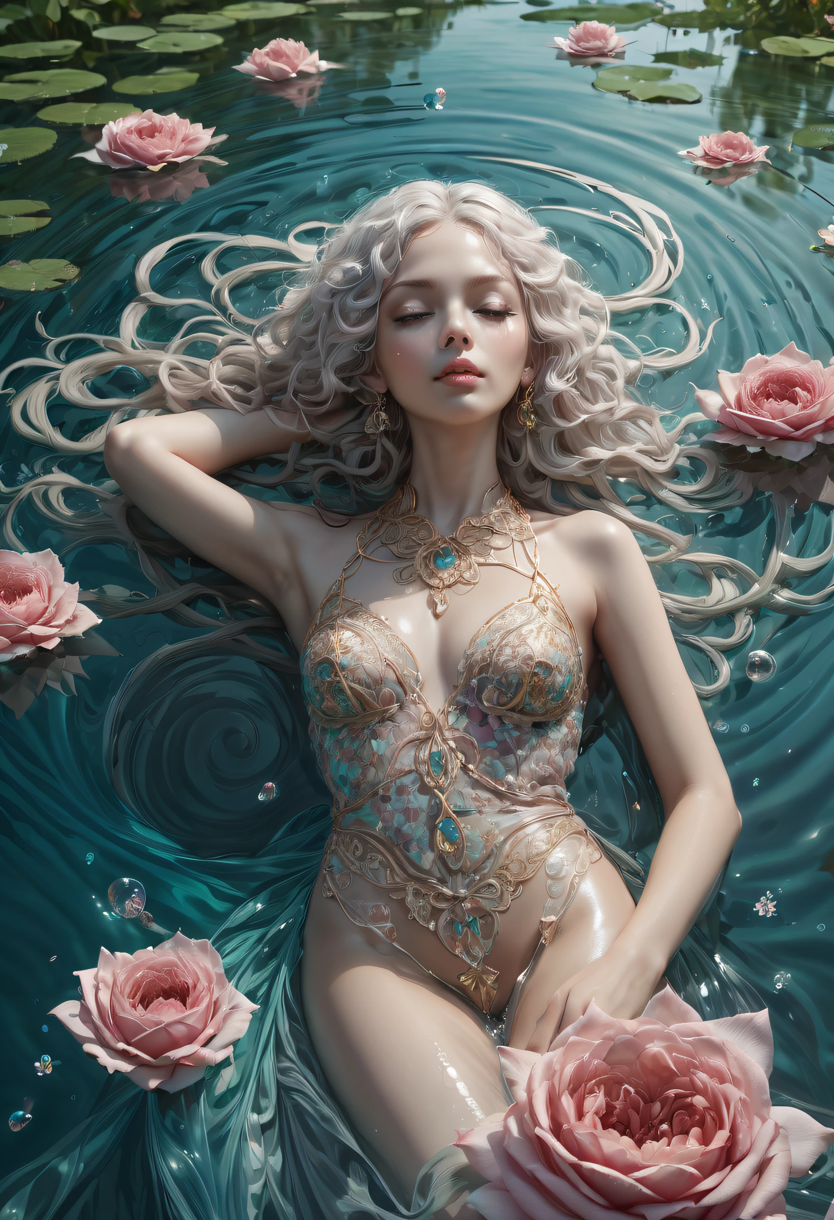cama sobre el agua, impresionante obra maestra, Foto de cuerpo entero, cabello platino, cabello largo y rizado, Agua real, tela transparente fusionada con agua, Bathing in a river pond, Arte extremadamente detallado, ruboroso, agua corriendo por el cuerpo , small breasts, sexy erotic legs, sexual arousal, sexual expression, Piel radiante, intrincado, Elegant and highly detailed digital photography, pintura majestuosa y surrealista, Filigrana de mariposa dorada, vidrios rotos, sidelit, hermosos ojos finamente detallados: 1.2), The best quality, ojos expresivos que miran de reojo, perfect face looking absentmindedly, Retrato de una hermosa diosa con cabello platinado, majestuoso, Plantas y flores: 0.7) infinidad, Infinity symbol, Cara perfecta, Cara y cuerpo muy detallados, 18 years old , dark brown eyes, ojos grandes, acostada boca arriba sobre un estanque, labios rosados, bald pussy, illuminated in contrasting turquoise and crimson, beautiful and aesthetic: 1.2), (1 girl), extremadamente detallado, (Arte fractal: 1.3), coloreado, More Detailed, hermosa diosa acostada en una cama de agua, girl lying on water waves, cama flotante en un estanque, art in three interlocking surreal circles, burbujas flotantes, Caucasian girl with shiny silver hair, cuerpo femenino completo, tatuajes de mandalas y flores orientales, vestidos transparentes, piel mojada con agua, dedos de los pies sumergidos en el agua, fantasy, Flores y rosas, Hermosa chica con una leve sonrisa, lamp light, linterna, magica, Viejo reloj flotante, vagina visible, rosa, Sin bragas, tatuajes de mandalas y flores en el cuerpo desnudo, Front view, three interlocking circles form a work of art, magical circles, girl within several circles, pelo largo fusionado en agua, surreal magical dream,