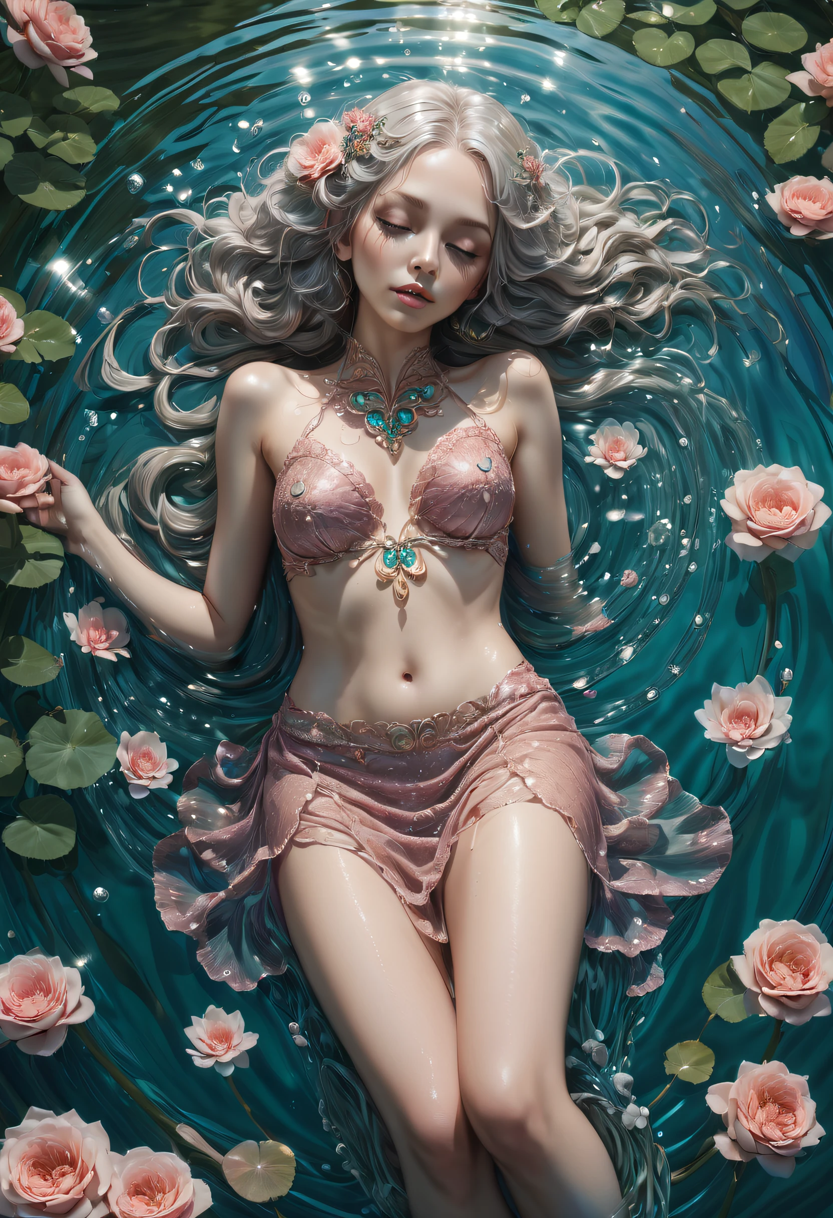 cama sobre el agua, impresionante obra maestra, Foto de cuerpo entero, cabello platino, cabello largo y rizado, Agua real, tela transparente fusionada con agua, Bathing in a river pond, Arte extremadamente detallado, ruboroso, agua corriendo por el cuerpo , small breasts, sexy erotic legs, sexual arousal, sexual expression, Piel radiante, intrincado, Elegant and highly detailed digital photography, pintura majestuosa y surrealista, Filigrana de mariposa dorada, vidrios rotos, sidelit, hermosos ojos finamente detallados: 1.2), The best quality, ojos expresivos que miran de reojo, perfect face looking absentmindedly, Retrato de una hermosa diosa con cabello platinado, majestuoso, Plantas y flores: 0.7) infinidad, Infinity symbol, Cara perfecta, Cara y cuerpo muy detallados, 18 years old , dark brown eyes, ojos grandes, acostada boca arriba sobre un estanque, labios rosados, bald pussy, illuminated in contrasting turquoise and crimson, beautiful and aesthetic: 1.2), (1 girl), extremadamente detallado, (Arte fractal: 1.3), coloreado, More Detailed, hermosa diosa acostada en una cama de agua, girl lying on water waves, cama flotante en un estanque, art in three interlocking surreal circles, burbujas flotantes, Caucasian girl with shiny silver hair, cuerpo femenino completo, tatuajes de mandalas y flores orientales, vestidos transparentes, piel mojada con agua, dedos de los pies sumergidos en el agua, fantasy, Flores y rosas, Hermosa chica con una leve sonrisa, lamp light, linterna, magica, Viejo reloj flotante, vagina visible, rosa, Sin bragas, tatuajes de mandalas y flores en el cuerpo desnudo, Front view, three interlocking circles form a work of art, magical circles, girl within several circles, pelo largo fusionado en agua, surreal magical dream,