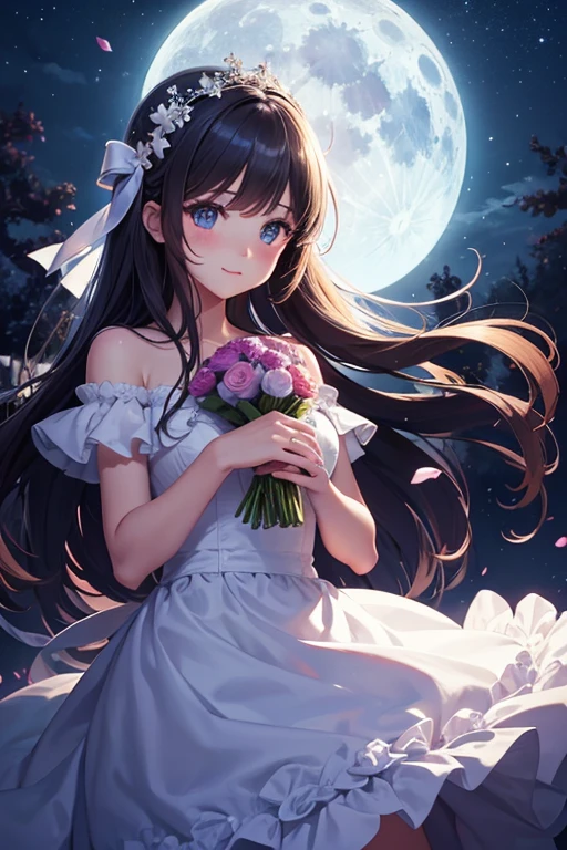 Beautiful hands, beautiful petals, moonlit night, girl with a bouquet, (cute illustration: 1.2), high resolution, super definition, top quality...
