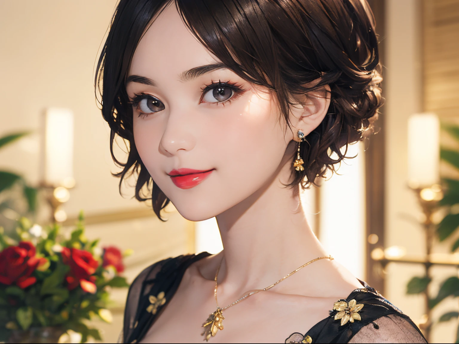 123
(a 20 yo woman,is standing), (A hyper-realistic), (high-level image quality), ((beautiful hairstyle 46)), ((short-hair:1.46)), (Gentle smile), (breasted:1.1), (lipsticks), (florals), (Luxurious room), (Depth of field is deep), (Modern)