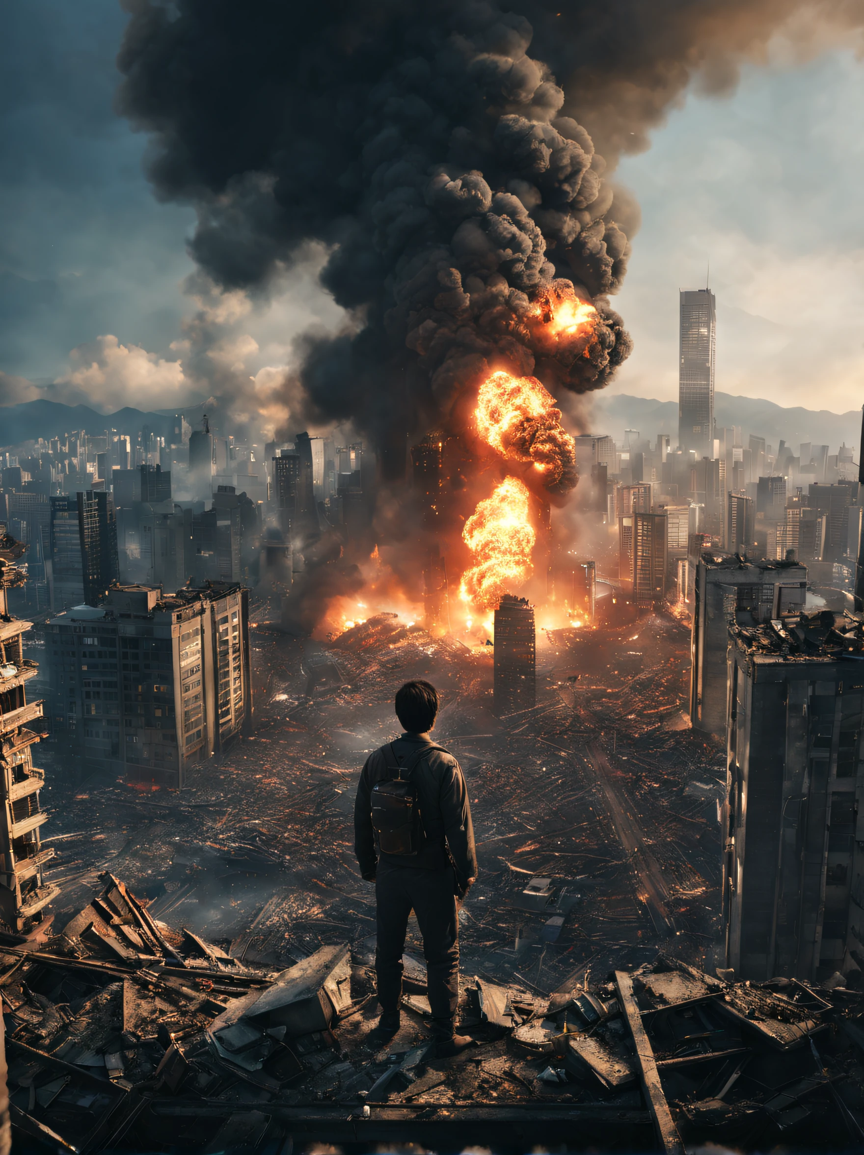 masterpiece, best quality, high quality, extremely detailed CG Unity 8k wallpaper, cinematic lighting, Seoul in ruins due to world war in 2030, the man standing on top of the building, (destroyed buildings: 1.3), South Korea, (fire, smoke), (after nuclear war: 1.2), sci-fi, anamorphic lens flare, shallow depth of field
