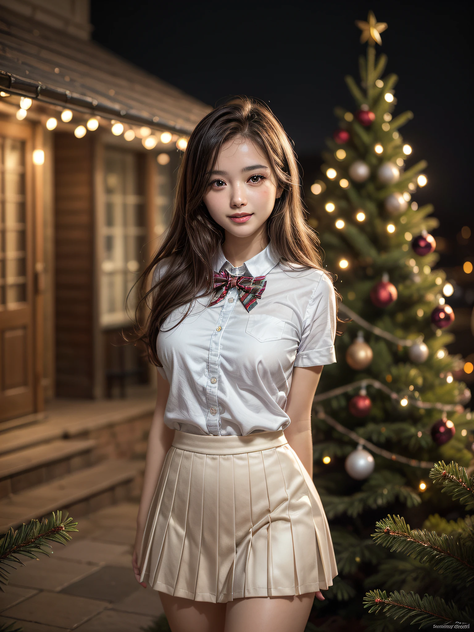 (2girls:1.3), Extremely cute, Amazing face and eyes, (Beautiful lovely smile), (extremely detailed beautiful face), bright and shiny lips, (School uniform, Pleated skirt:1.3), (Best Quality:1.4), (hyper quality), (Ultra-detailed), (Hyper-realistic, Photorealsitic:1.37), Authentic skin texture, intricate-detail, extremely detailed CG unified 8k wallpaper, RAW Photos, professional photograpy, Cinematic lighting, Exposing, Christmas tree, Christmas Ornaments, Christmas Decorations, Christmas Lights, christmas lights,