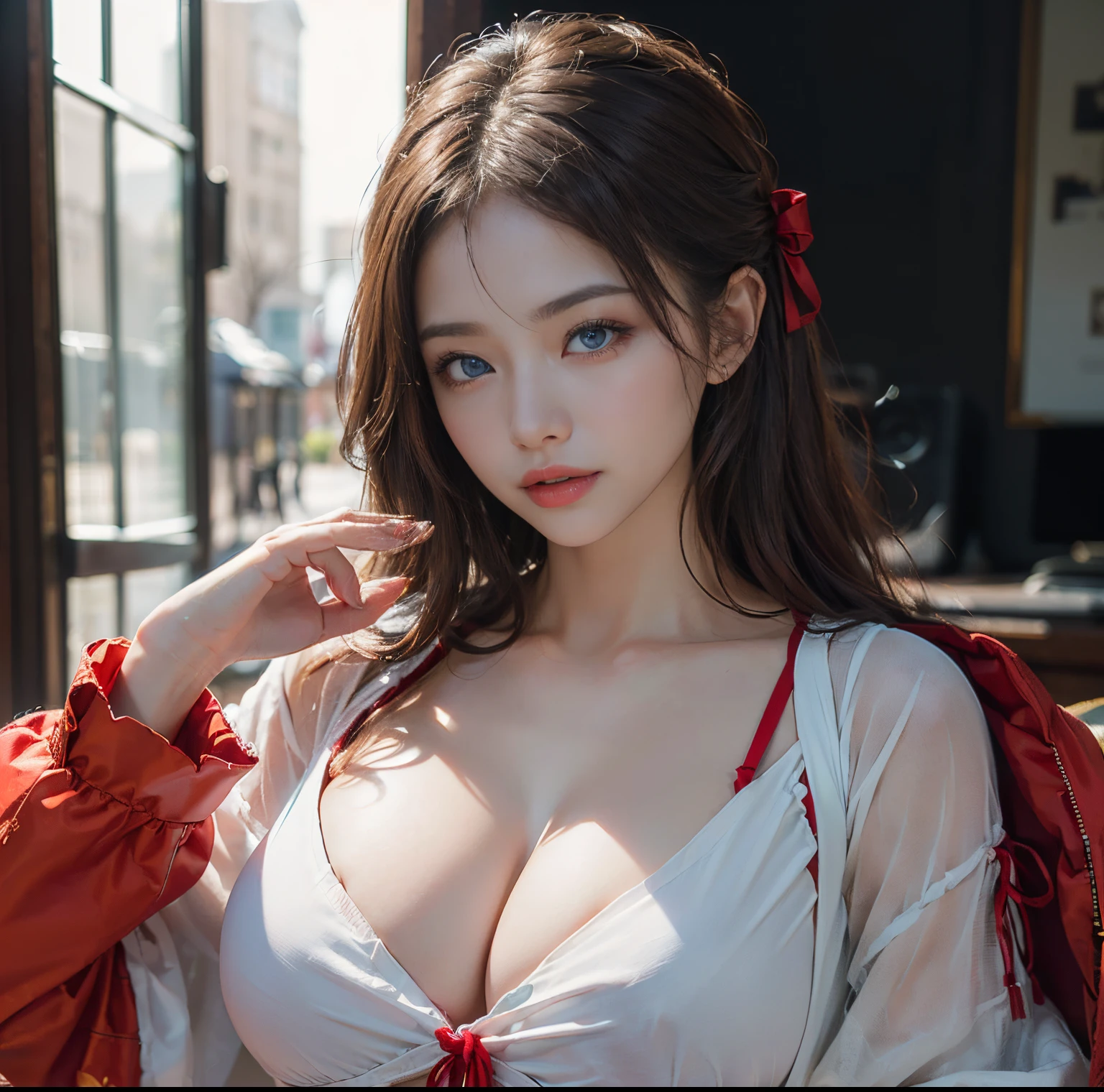 top-quality, 8K picture quality, ​masterpiece, (Professional lighting without shadows), (Two women in love:1.2), (with perfect body、Colossal breasts with tension:1.3), (Bright whitening skin:1.2), (Bright and beautiful blue eyes with plump red tear bags reflect a lot of light..:1.2)、 (They are wearing tight white blouses with bright red ribbon ties。), (The upper body and chest are covered with clothes, so no skin is exposed.。.:1.4),  (Hold your proud big breasts in both palms and show them off while emphasizing them from the front 1.3),