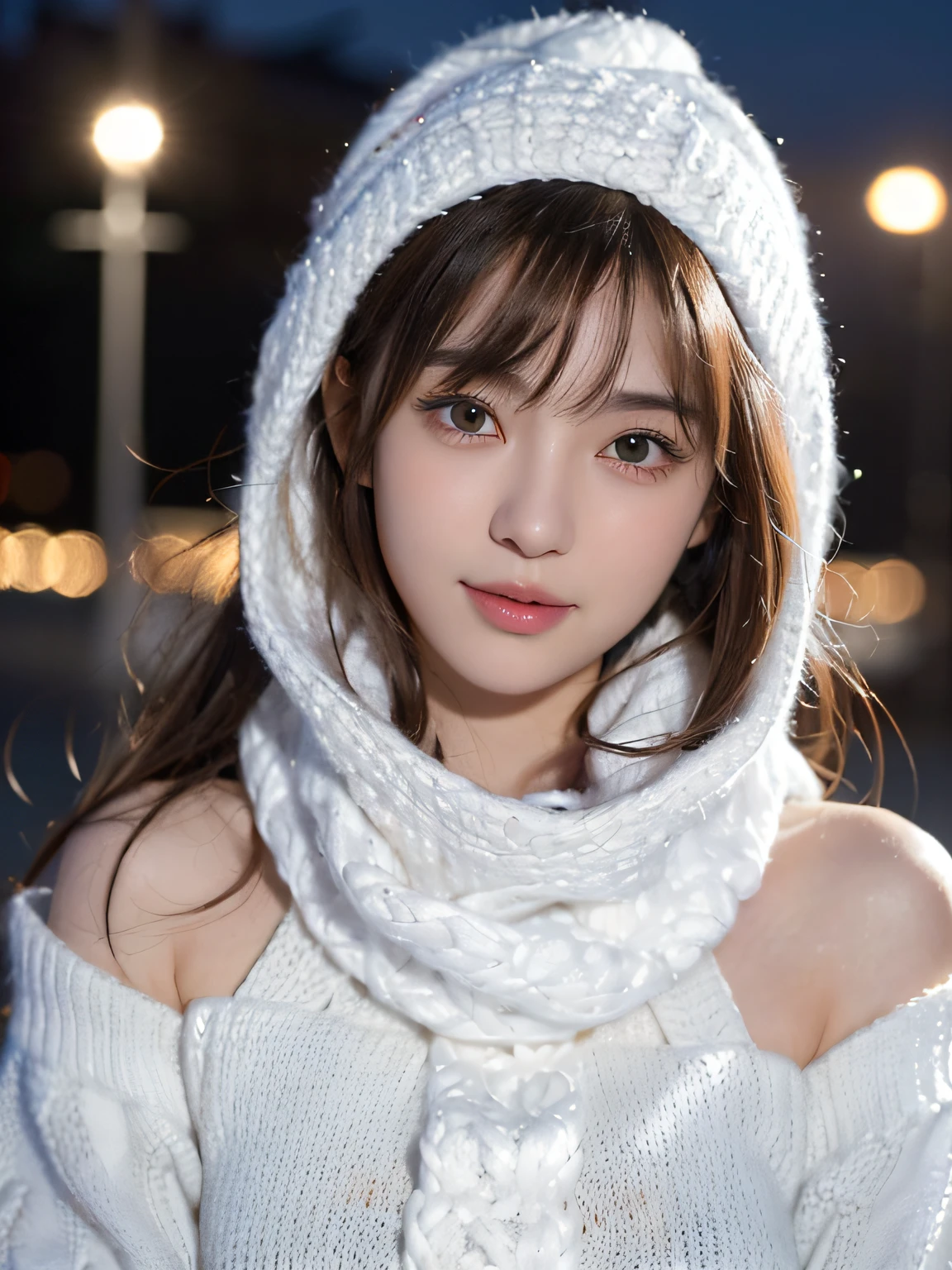 1 japanese girl,(White sweater:1.4),(She wears a knitted snood around her neck to hide her chin......:1.5), (Raw photo, Best Quality), (Realistic, Photorealsitic:1.4), masutepiece, extremely delicate and beautiful, Extremely detailed, 8k wallpaper, amazing, finely detail, extremely detailed CG Unity, hight resolution, Soft light, Beautiful detailed 19 year old, extremely detailed eye and face, beautiful detailed nose, Beautiful detailed eyes,Cinematic lighting,city light at night,Perfect Anatomy,Slender body,Smiling (hair messy, asymmetrical bangs, light brown hair,)