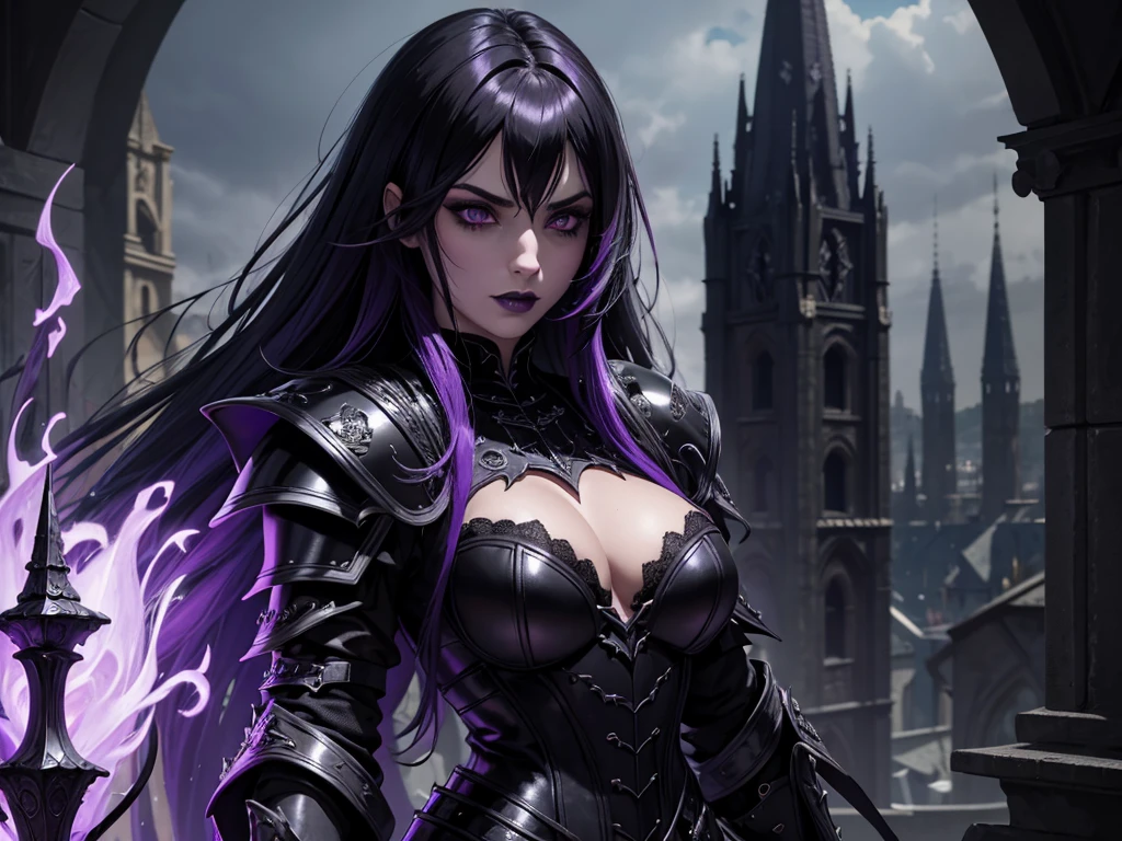 An adult vampire wizard character wearing a very detailed and beautiful gothic armor in black and purple color. Seu cabelo com corte em estilo curto, black lip color, cor roxa dos olhos;, manto, capuz, caminhando, 8k, Magnificent, Black and purple Gothic armor, capa