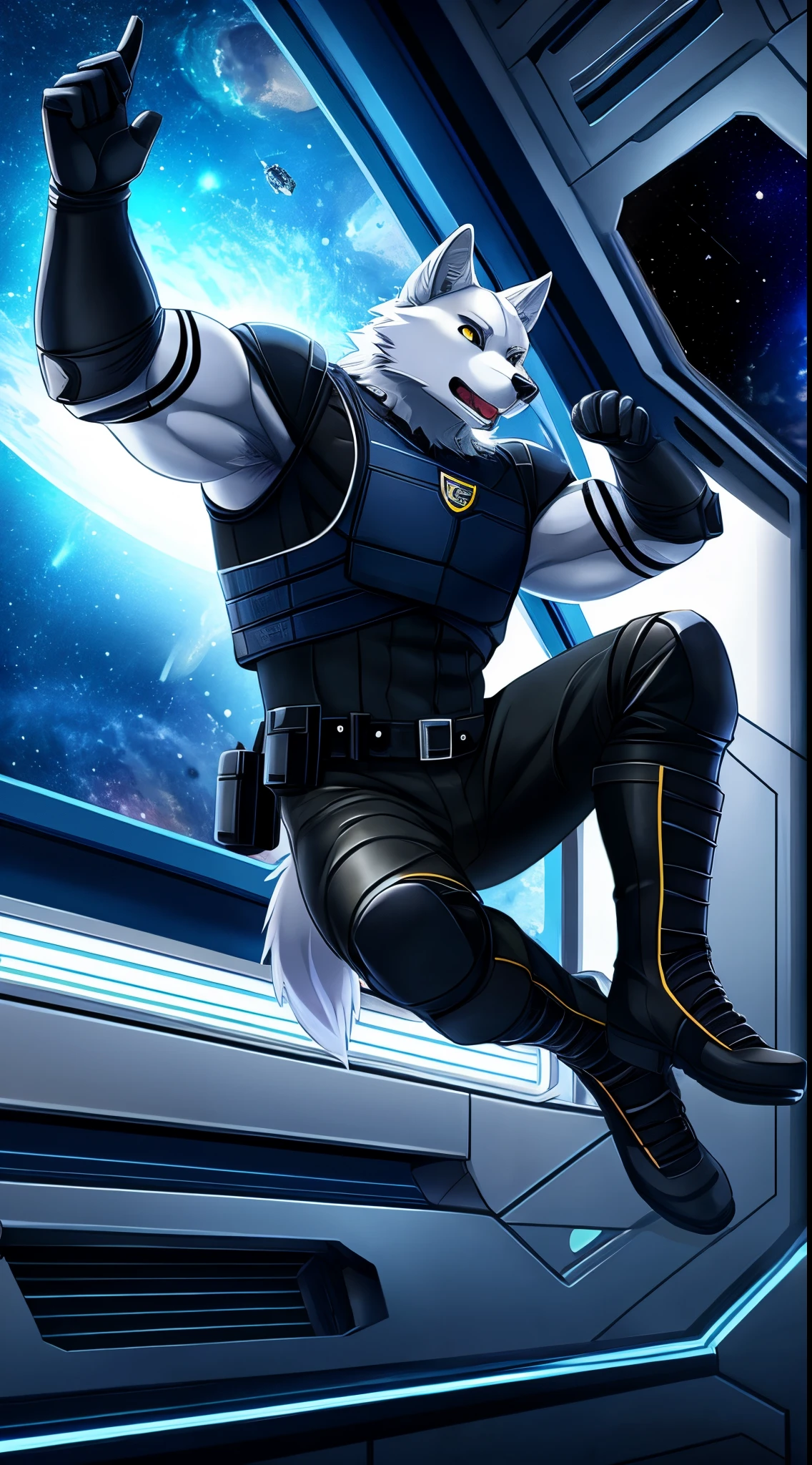 A white wolf, muscle, wear swat armor and police, leather arms and hands, leather legs and boots, gloves, a space ship interior, jumped, looking, Window and Earth, furry, anime, 4k