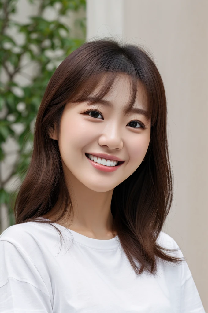 Best quality, masterpiece, ultra-high resolution, (photorealistic: 1.4), 1 woman, smiling eyes, (ulzzang-6500-v1.1: 1.0), brown hair, black eyes, 30 years old, beautiful woman, actress, white T-shirt.